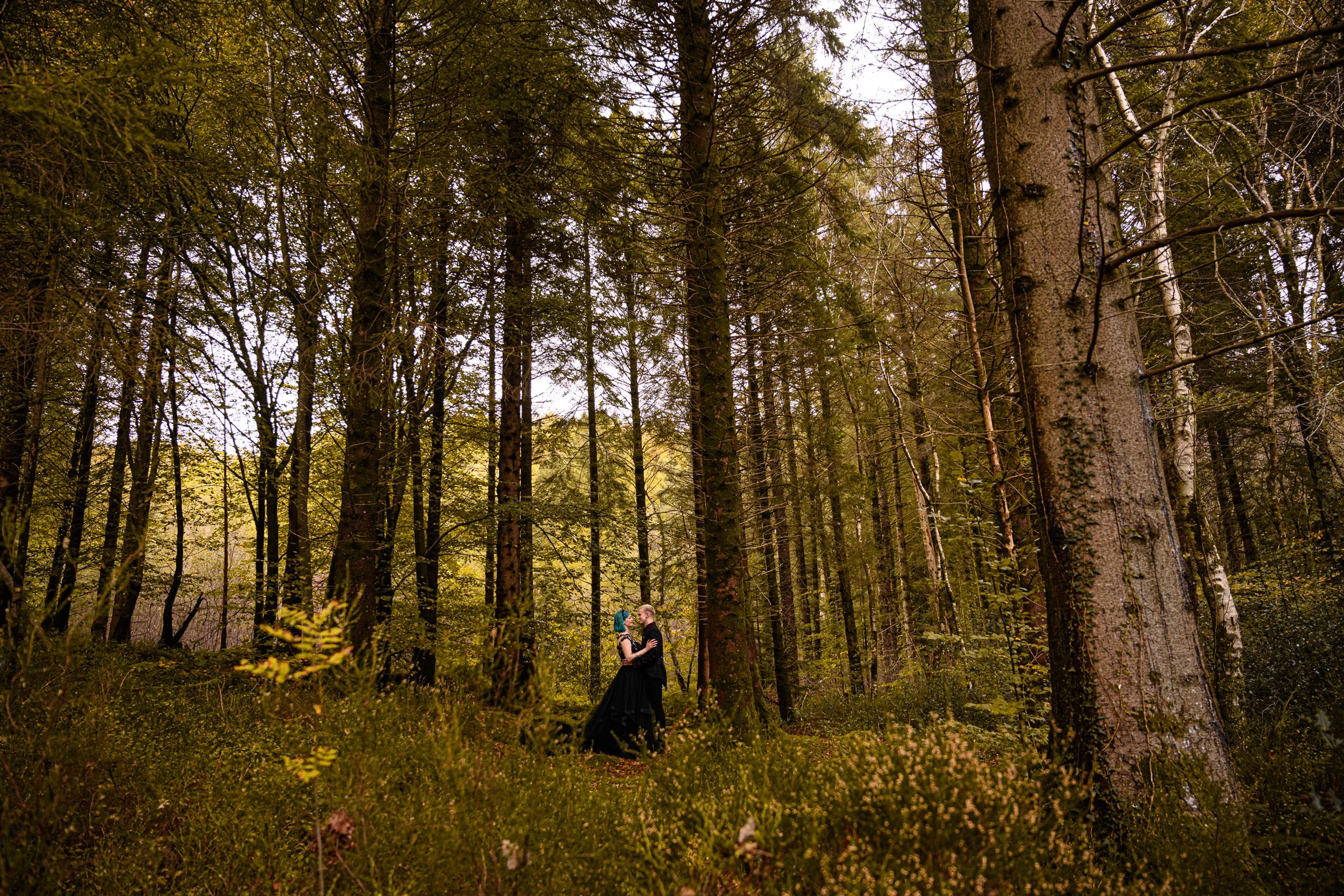 Alternative couple on their elopement shoot in a dramatic woodland wearing a back Legend Bridal Designs dress and him wearing a Scarlet Taylor gothic suit. She has green hair.