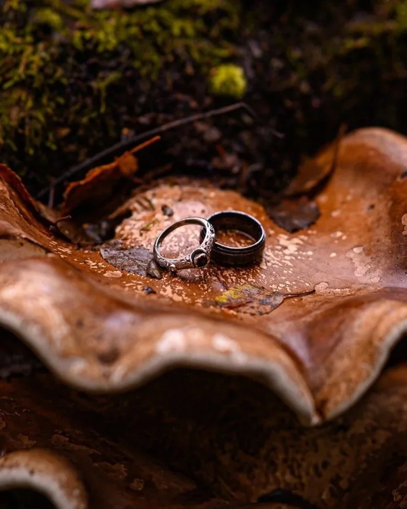 Two wedding rings resting on a wet, fallen leaf in a forest setting.