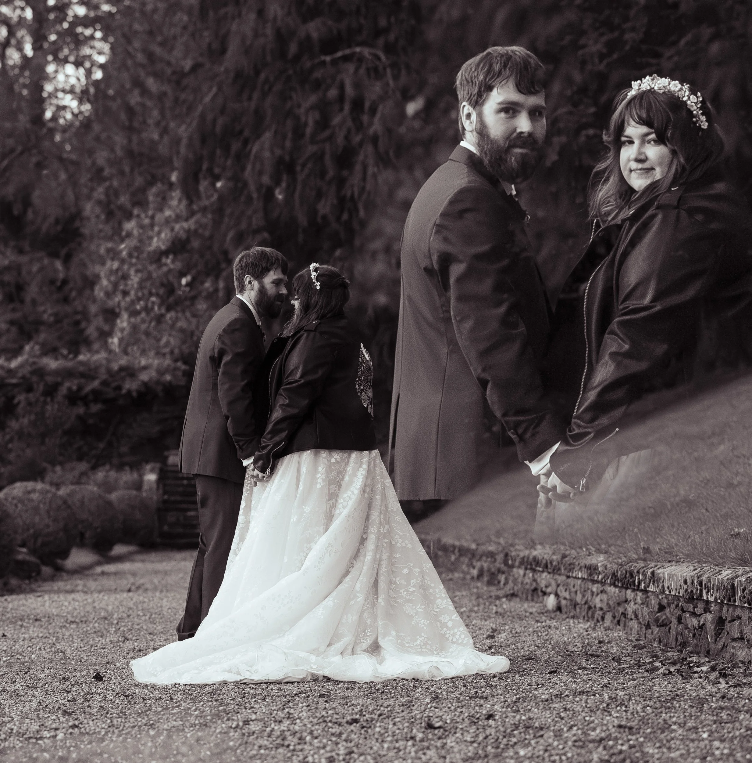 Disabled bride and groom overcoming fear of having photo taken. Creative double exposure. Bride wearing white lace dress and embroidered leather jacket