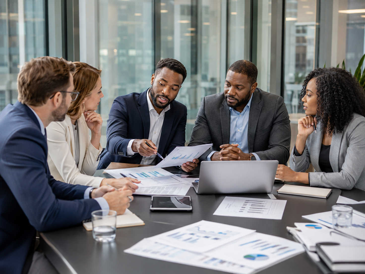 A diverse group of six professionals engaged in a business meeting, with documents, charts, a laptop, and tablets on the table, in a modern conference room.