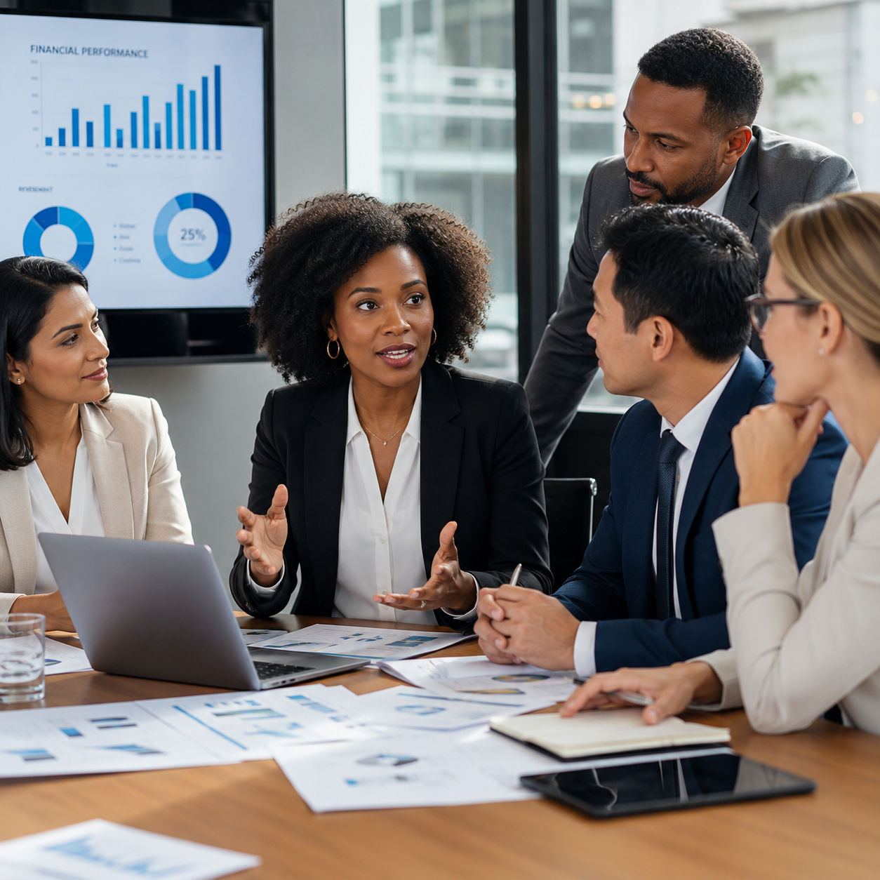 A diverse group of professionals in a business meeting discussing documents and charts, with a presentation screen showing graphs and data in the background.