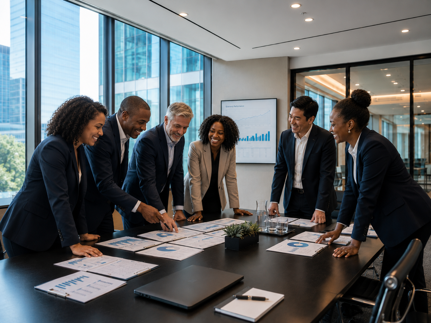 A group of seven diverse business professionals in suits are gathered around a conference table, smiling and pointing at documents and charts, with a large digital screen displaying graphs in the background.