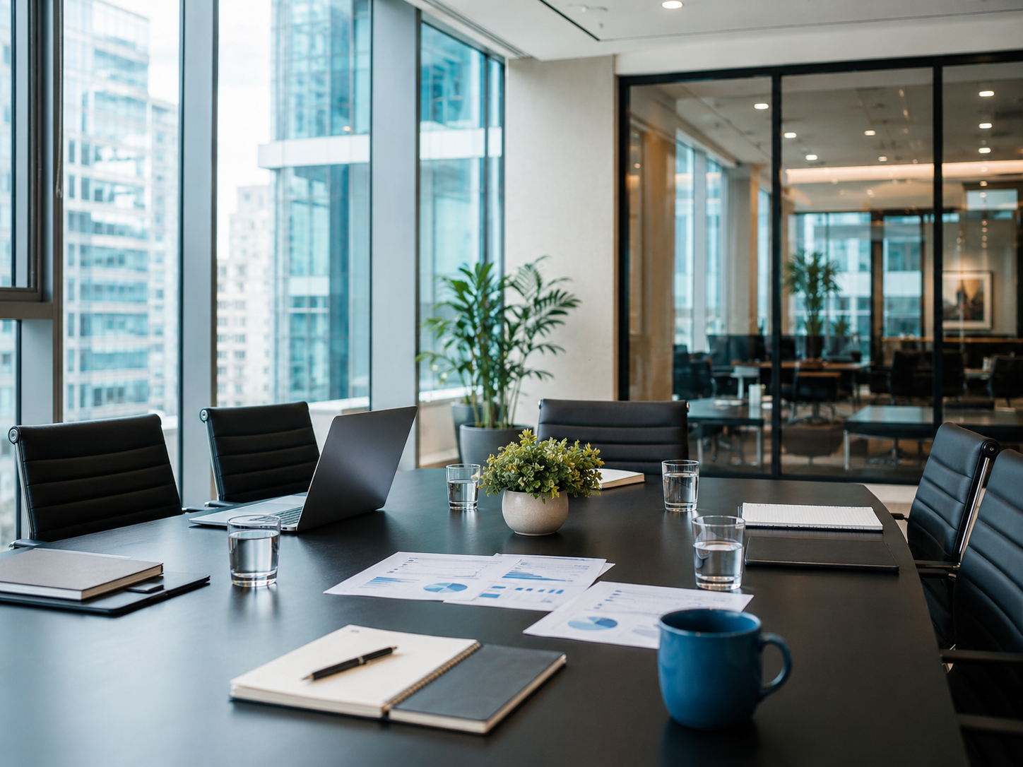 A modern conference room with a black table, laptops, notebooks, pens, water glasses, and a potted plant, surrounded by black chairs, with large windows and a cityscape view.