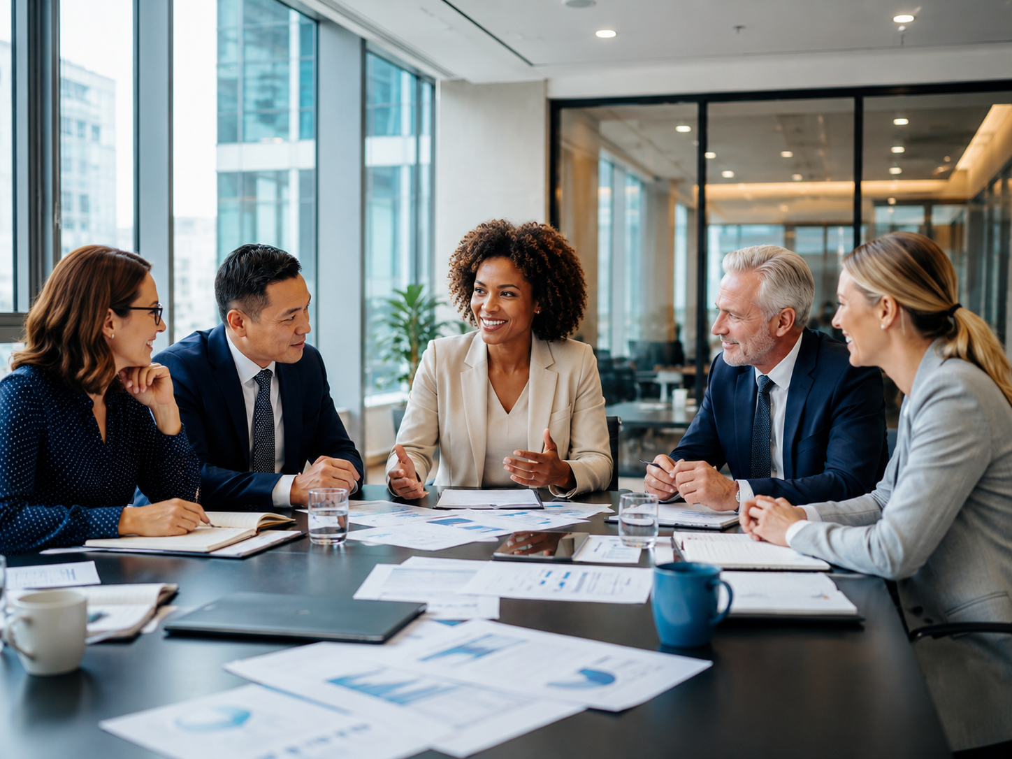 A diverse group of five professionals in business attire having a meeting in a modern office conference room, engaging in discussion around a table with documents, notebooks, and glasses of water.