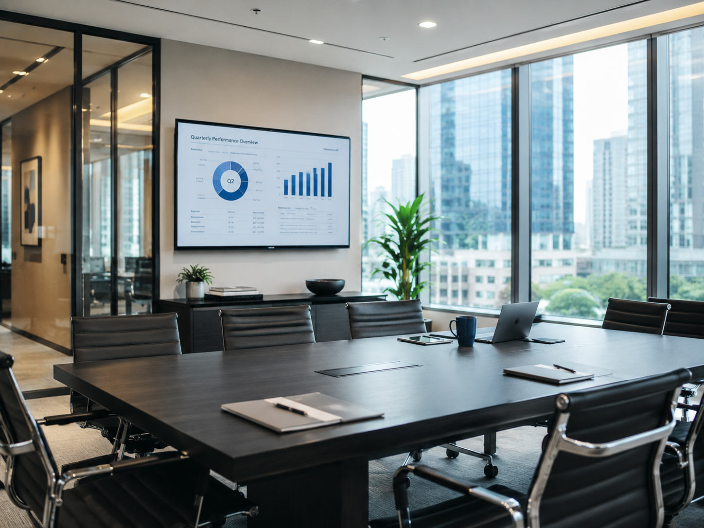 Modern conference room with black table, chairs, large window with cityscape view, wall-mounted screen showing charts and graphs, laptop, notebooks, and coffee mug on the table.