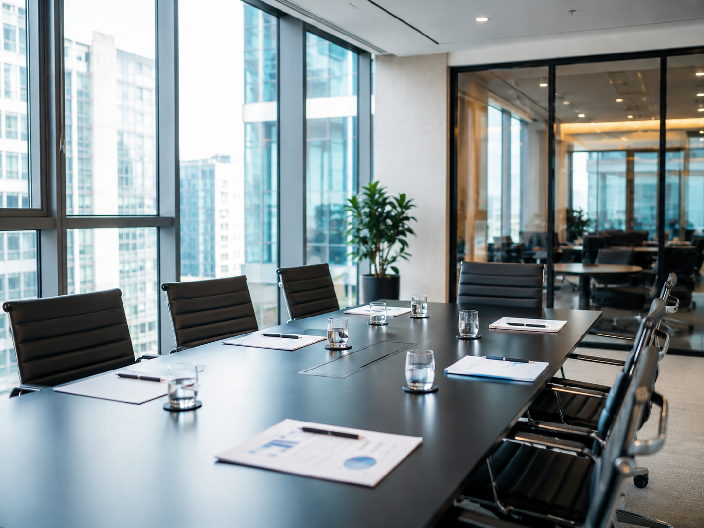 Modern corporate conference room with a large table, black leather chairs, notepads, pens, and glasses of water, with floor-to-ceiling windows showing tall city buildings.