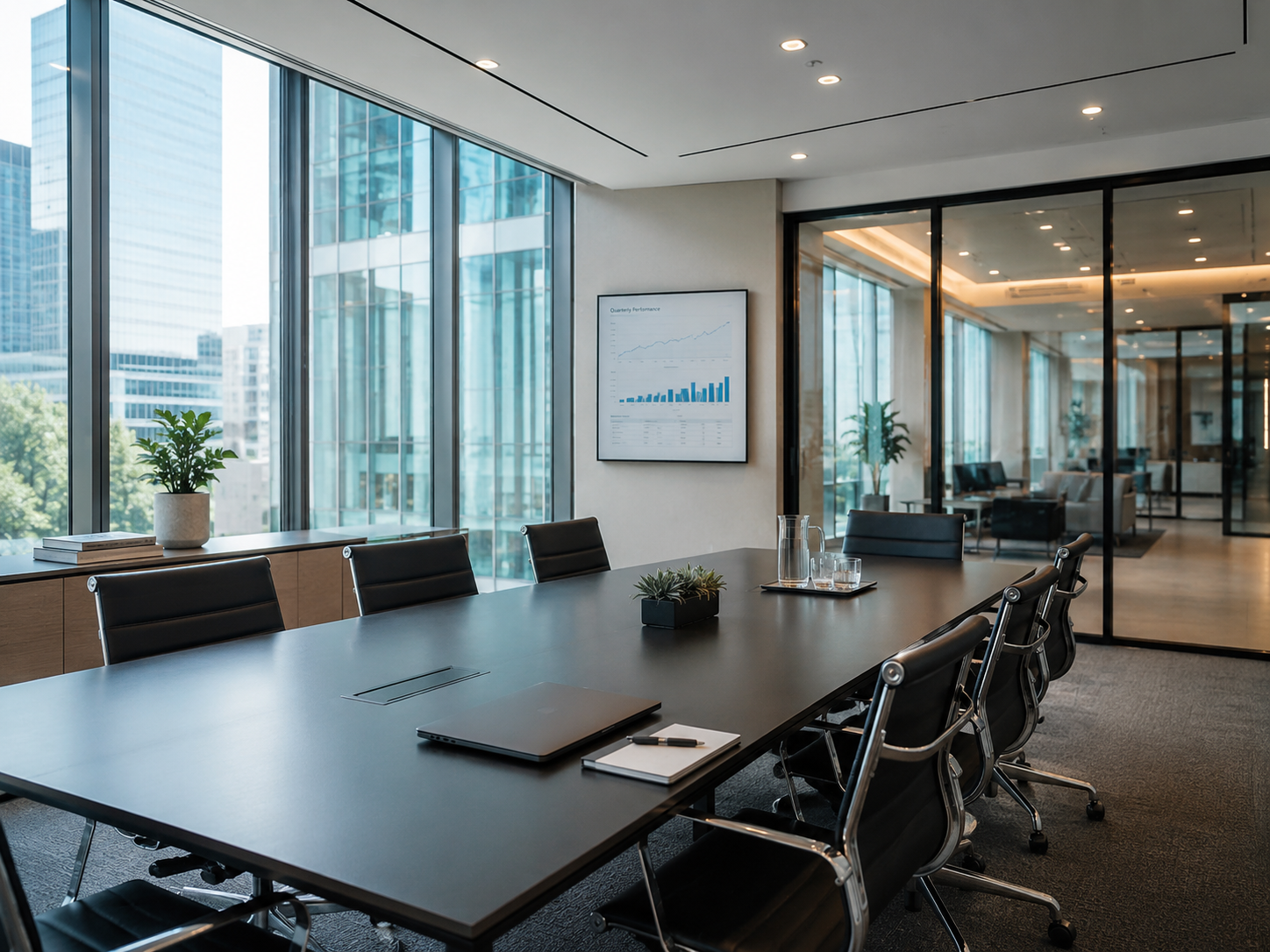Modern corporate conference room with large windows, black conference table, black office chairs, glass wall, and office decor.