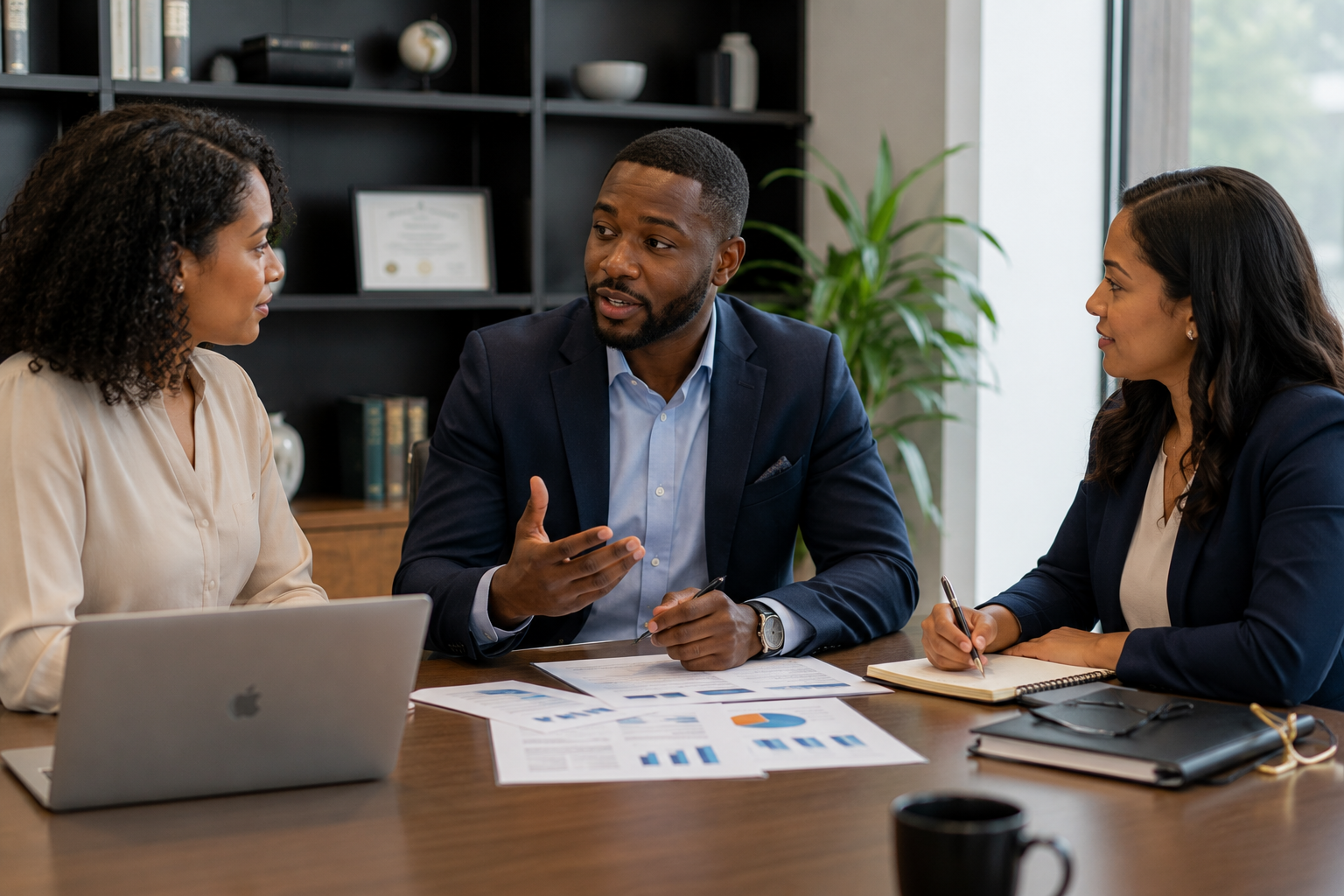 Three business professionals having a discussion in a meeting room, with documents, laptops, and notebooks on the table.