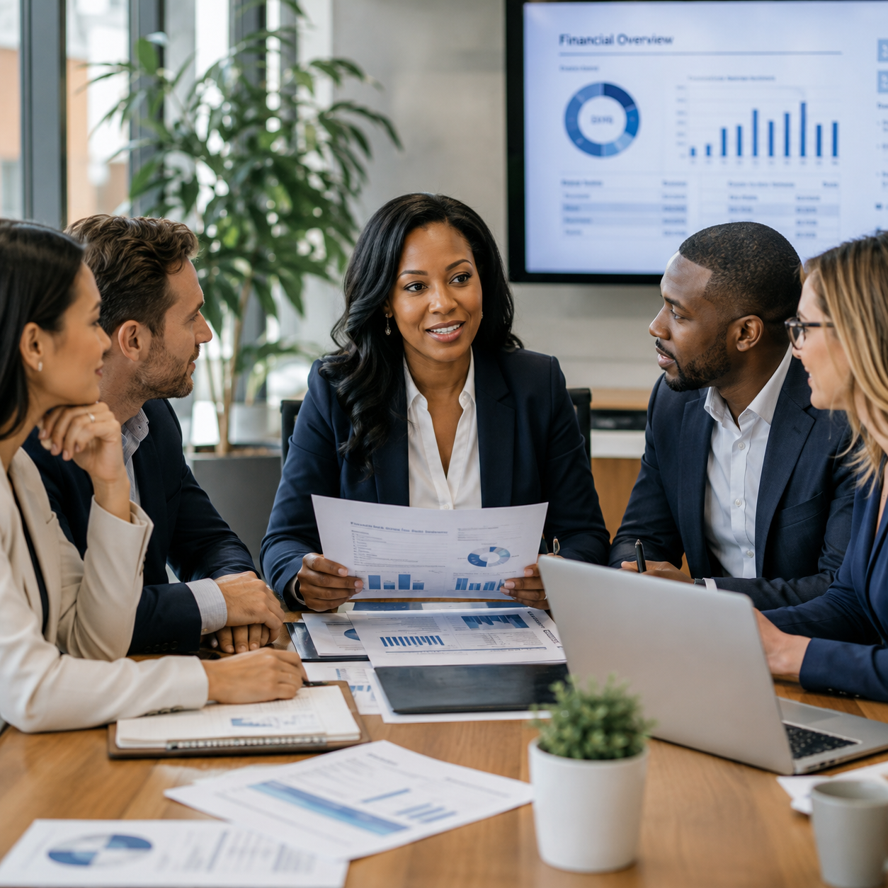 Business team in a meeting discussing financial reports and data charts.