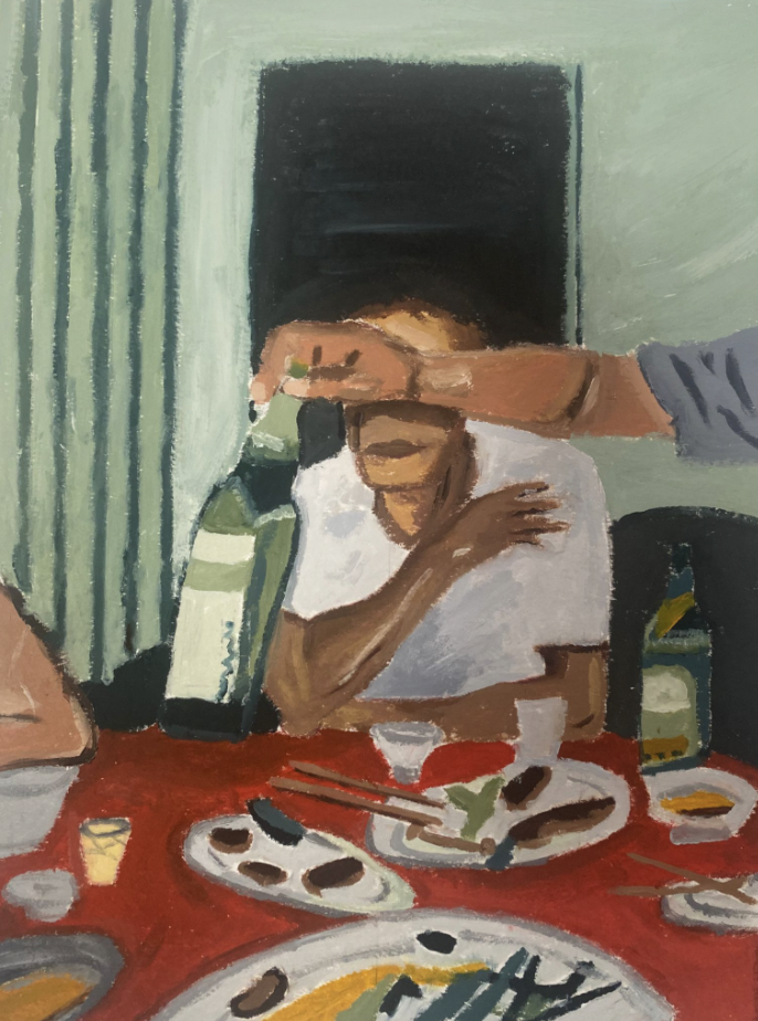 Pintura en estilo expresionista que muestra a un hombre en una comida, con una mano sobre su cabeza y otro en su hombro, alrededor de platos y bebidas en una mesa