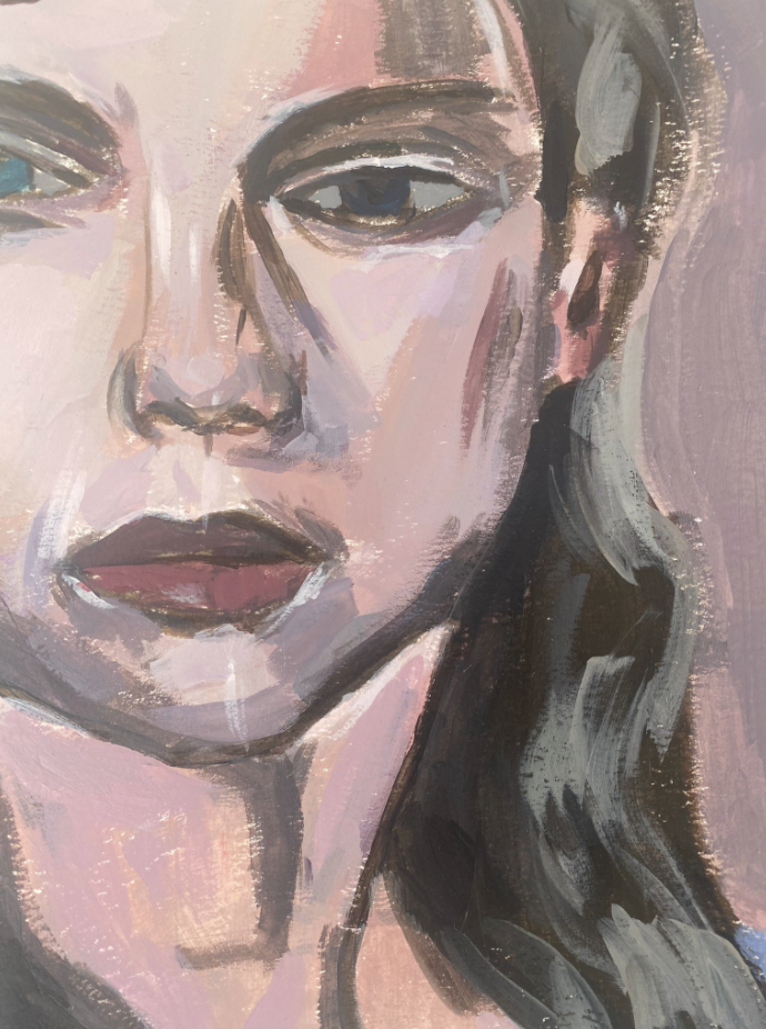 Retrato de una mujer con pelo largo y oscuro, en estilo pintado con pinceladas y tonos suaves de rosa, gris y negro.