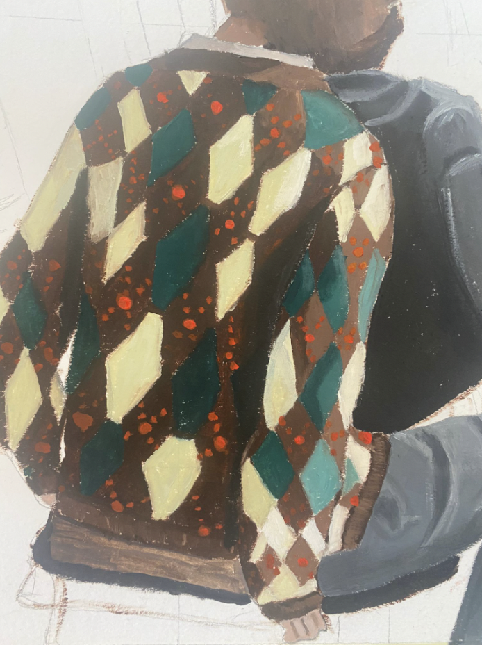 Pintura que muestra a una persona con una chaqueta con un patrón de rombos en colores beige, verde y marrón con manchitas rojas.