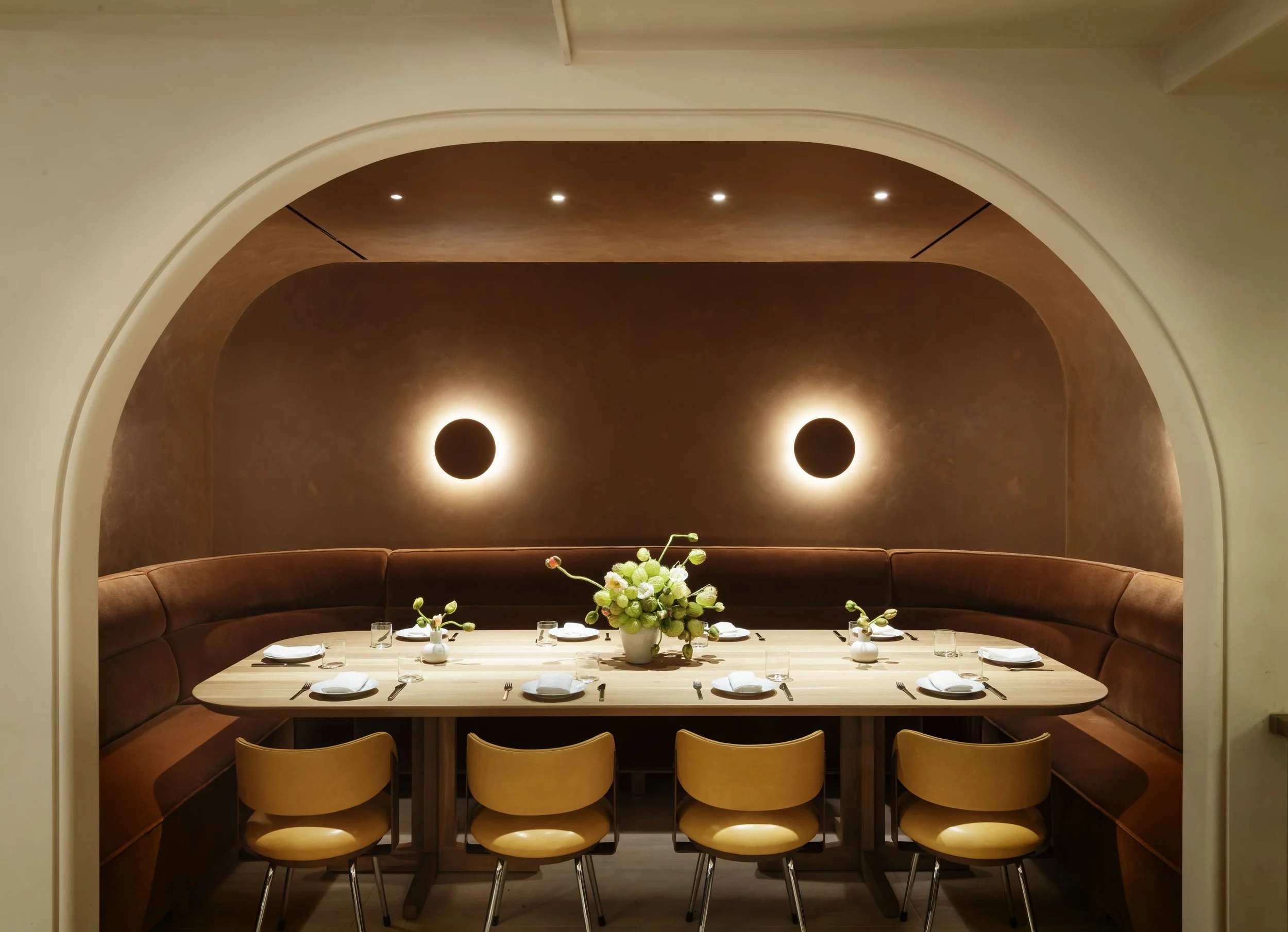 A semi-private dining room at Jupiter Restaurant in Midtown Manhattan