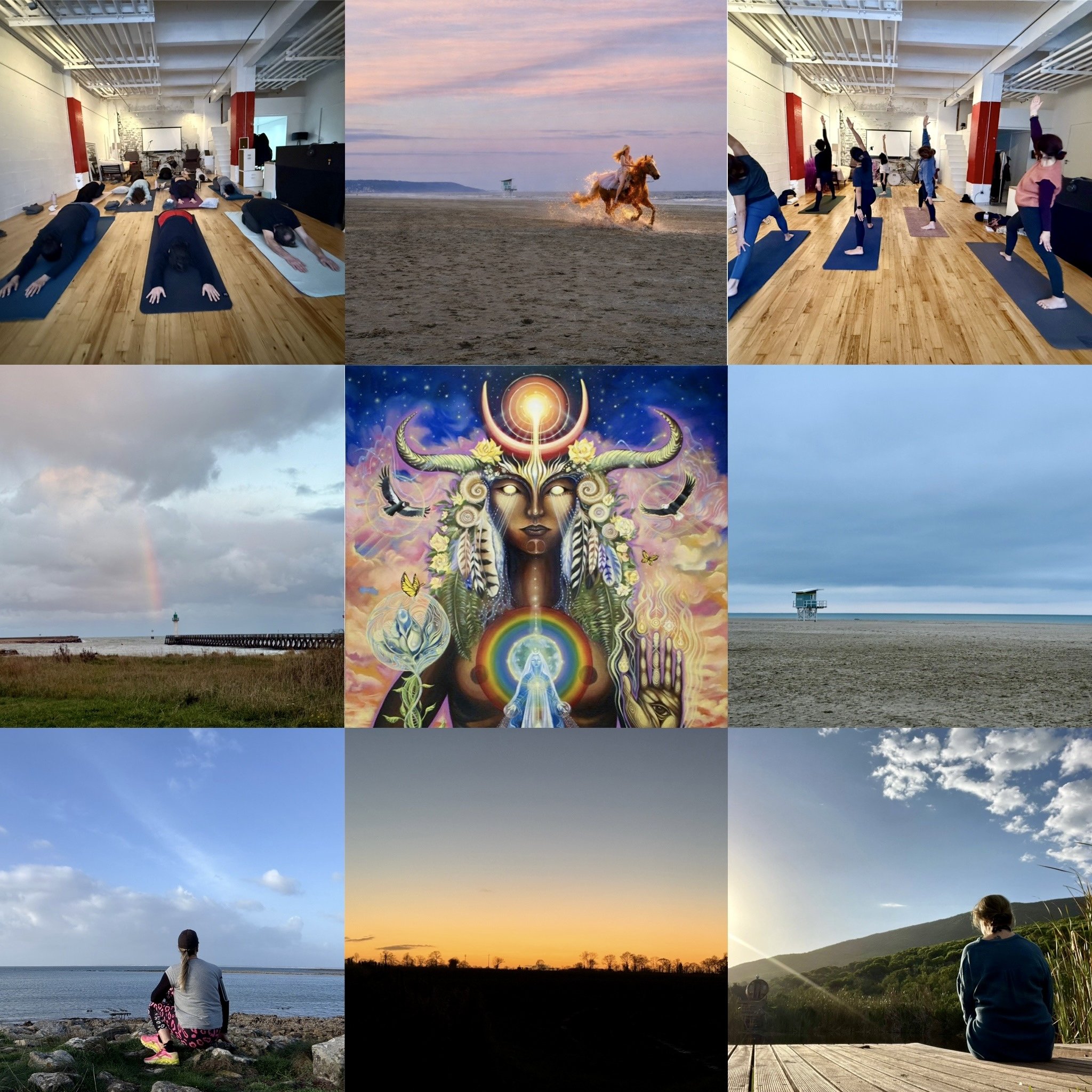 Collage mêlant yoga, nature, feu sacré et art spirituel, illustrant un stage à Paris guidé par une professeure reconnue pour célébrer Imbolc.