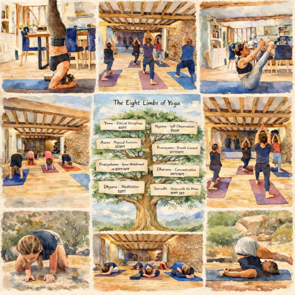 Collage aquarelle de pratiquants en Ashtanga autour d’un arbre illustrant les Huit Membres du Yoga. Rejoignez notre atelier Ashtanga & Huit Membres à Paris en mars pour approfondir votre pratique à travers le mouvement, le souffle et la philosophie.