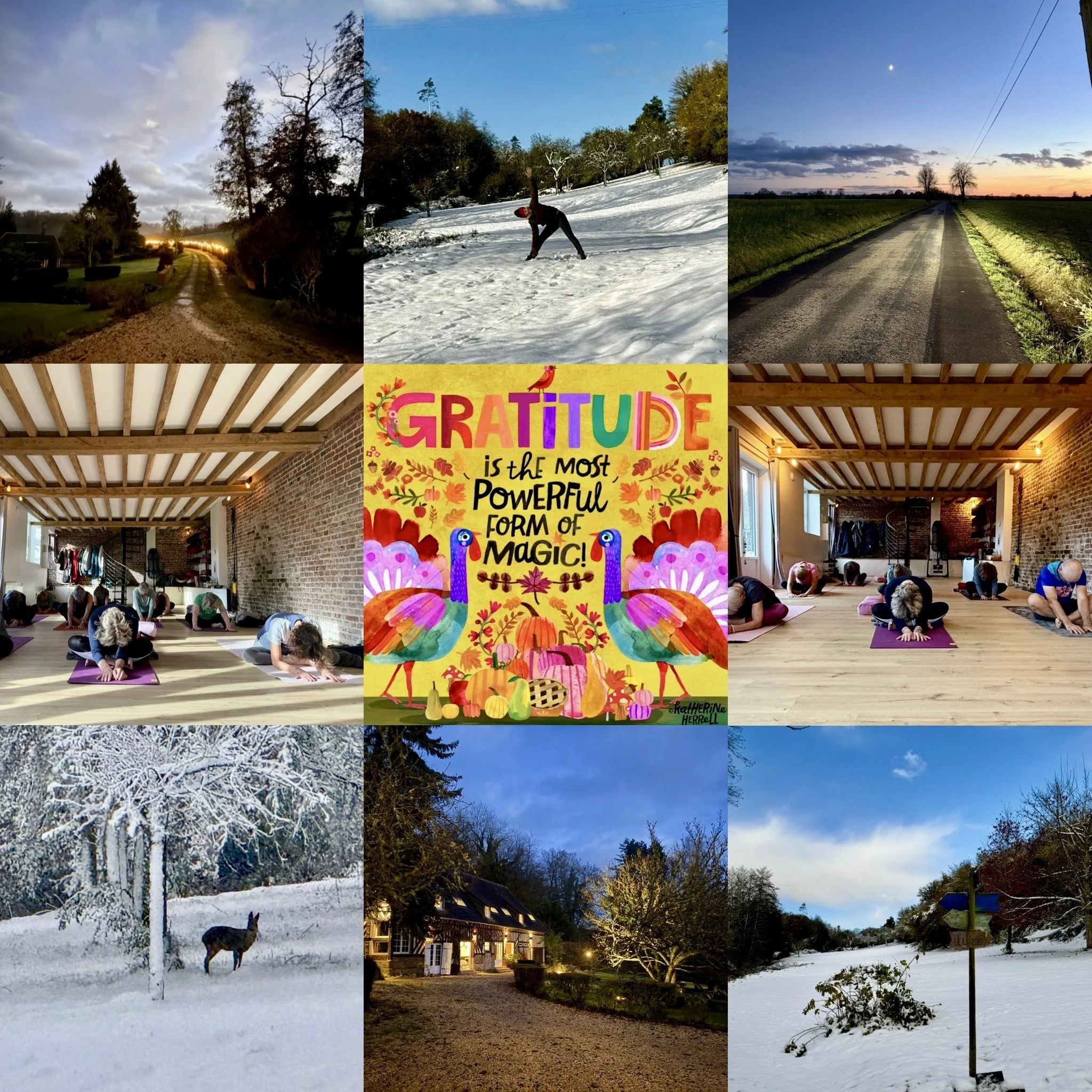 Collage de scènes d’hiver et de pratiques de yoga montrant paysages enneigés, séances de yoga en intérieur, atmosphère chaleureuse et message de gratitude, illustrant le calme, la lenteur et la régénération d’un atelier de yoga hivernal.