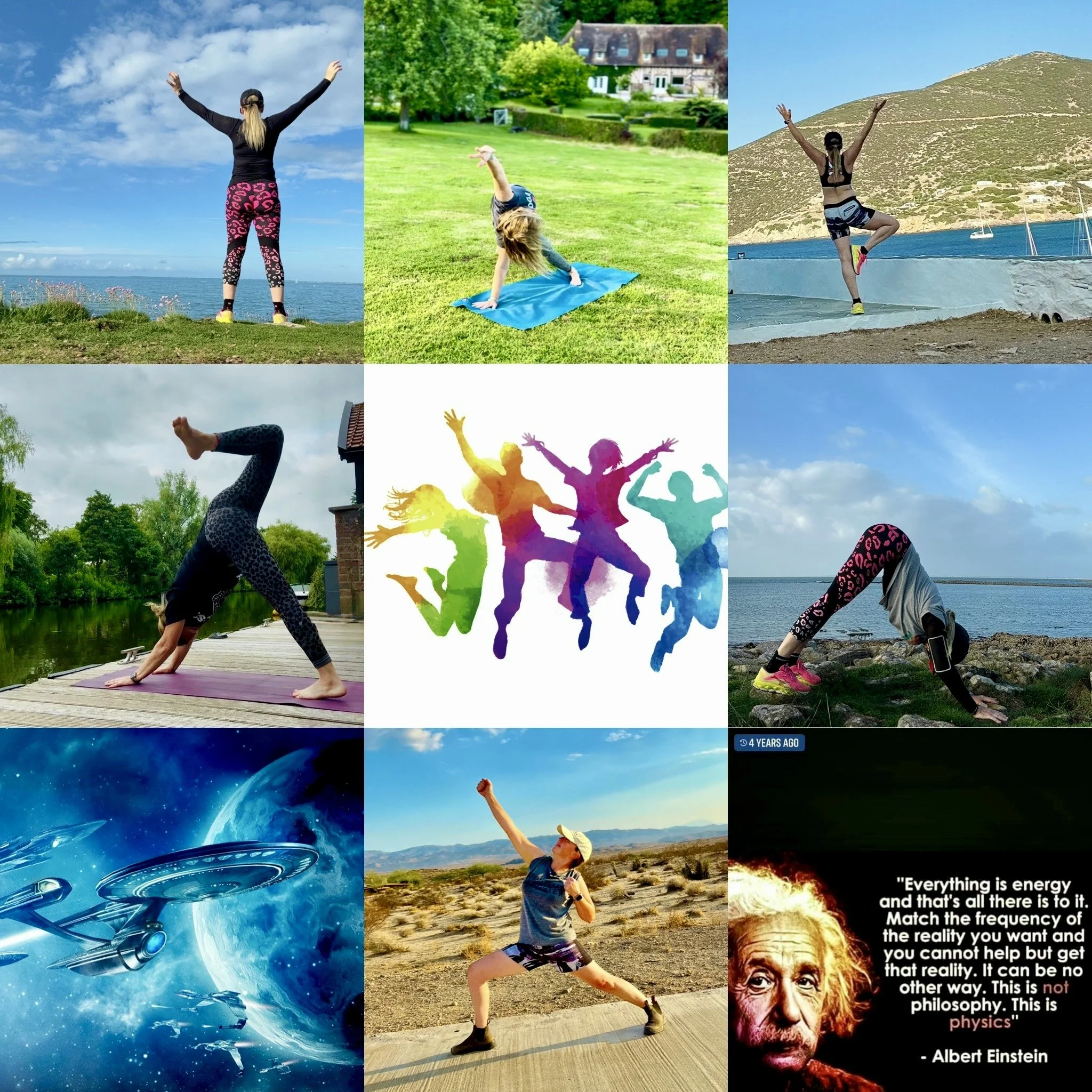 "Collage de postures de yoga en pleine nature (mer, jardin, montagne, désert), clin d'œil Star Trek et citation d'Einstein sur l'énergie, en écho au workshop Energize."
