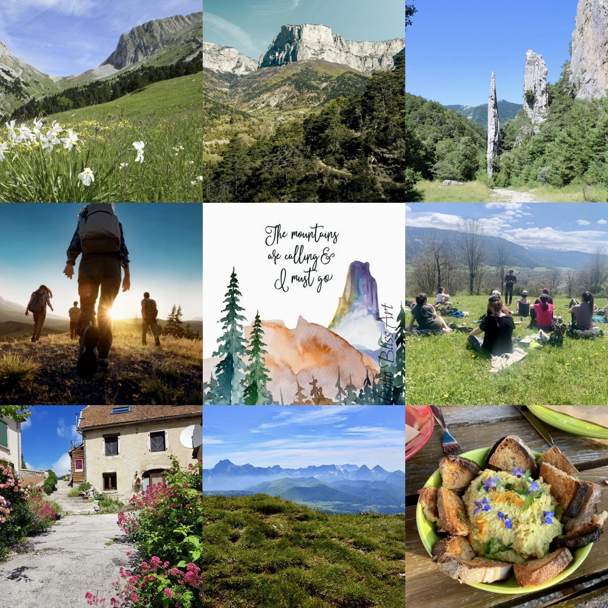 "Collage du Vercors drômois : sommets et falaises calcaires, randonneurs au lever du soleil, groupe de yoga en plein air, citation 'The mountains are calling', gîte en pierre fleuri et petit-déjeuner bio, en écho à la retraite Get High!"