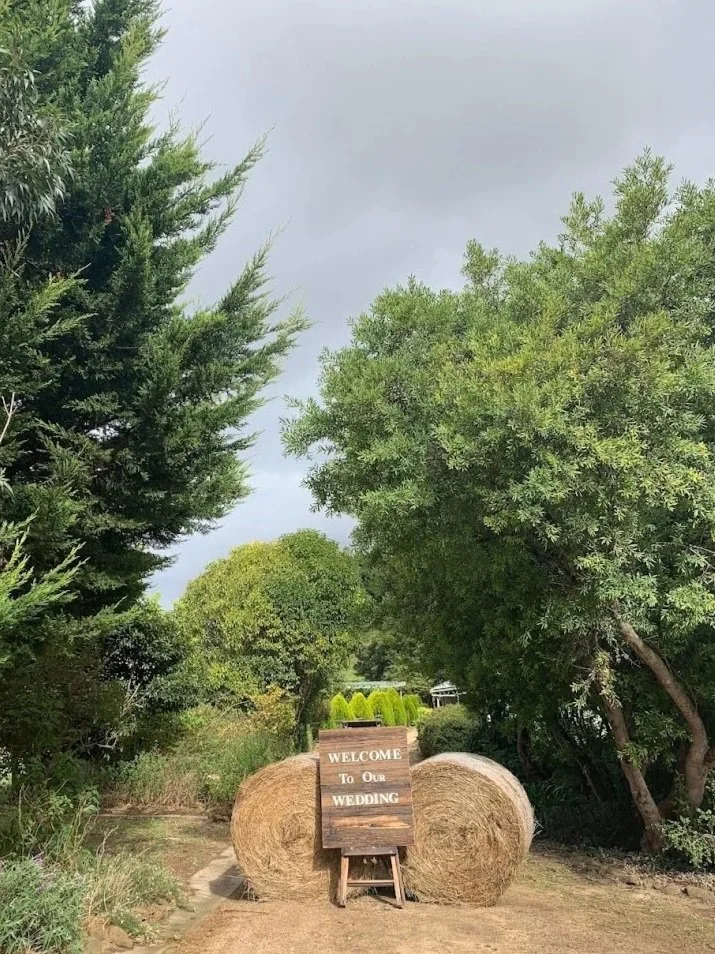 Hay barrels welcoming guests to microwedding on a farm in Gippsland