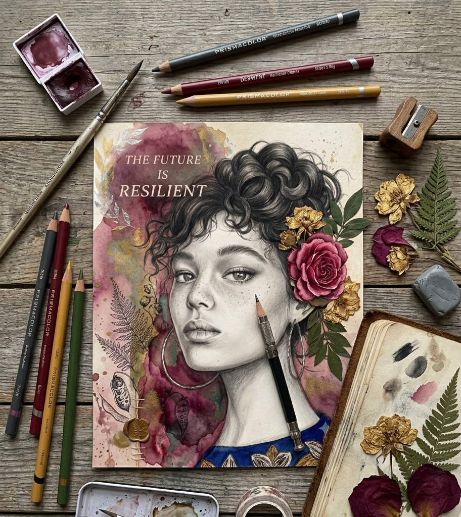 Illustration d'une femme avec un bandeau noir, un grand earring en hoop, une rose rose dans ses cheveux, et un vêtement avec un motif floral, accompagnée du texte 'The future is female' en arrière-plan avec des touches de peinture aquarelle. 