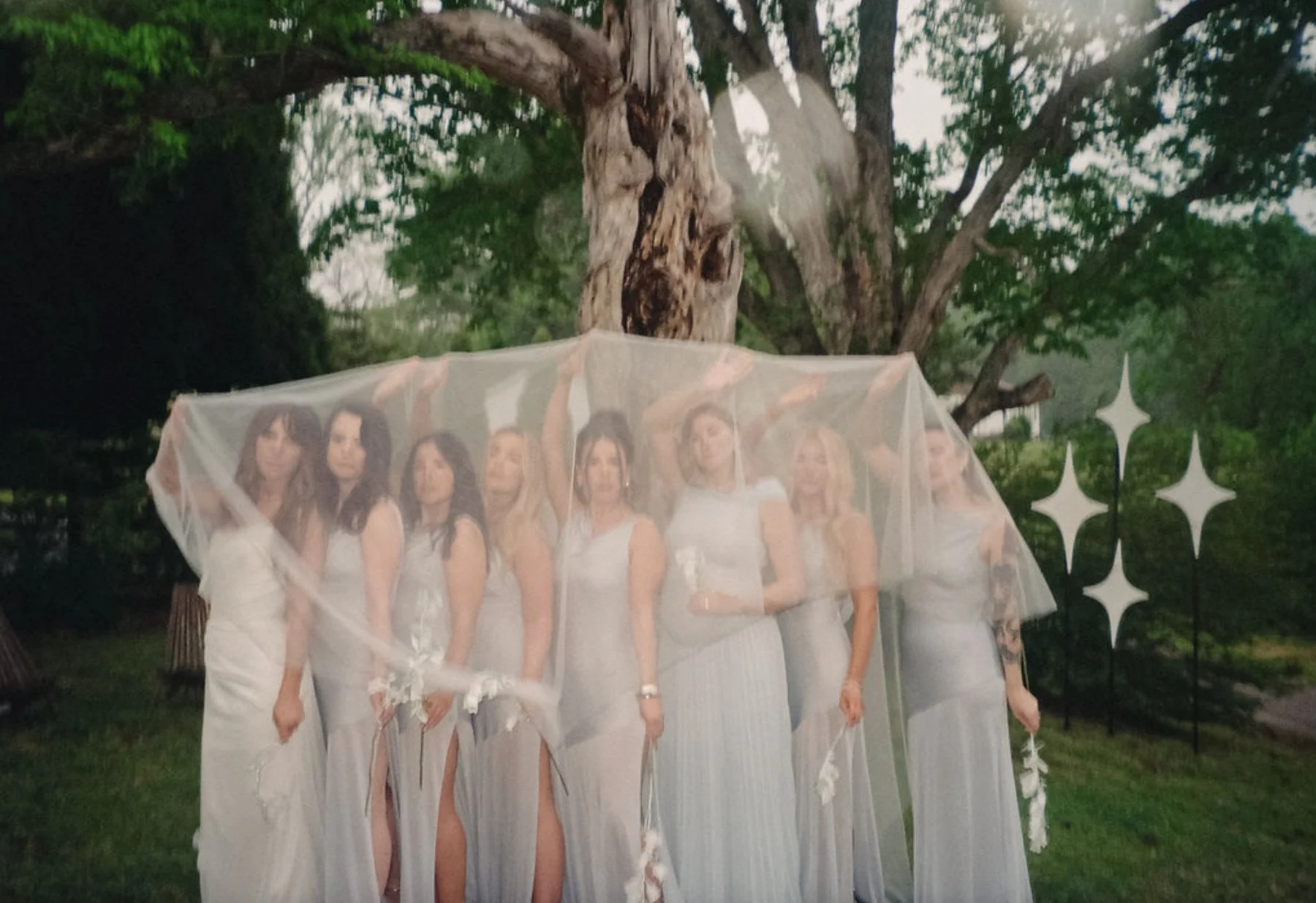 Bridesmaids gathered under a veil by a tree at The Eden Estate. Photo by Jenna York.