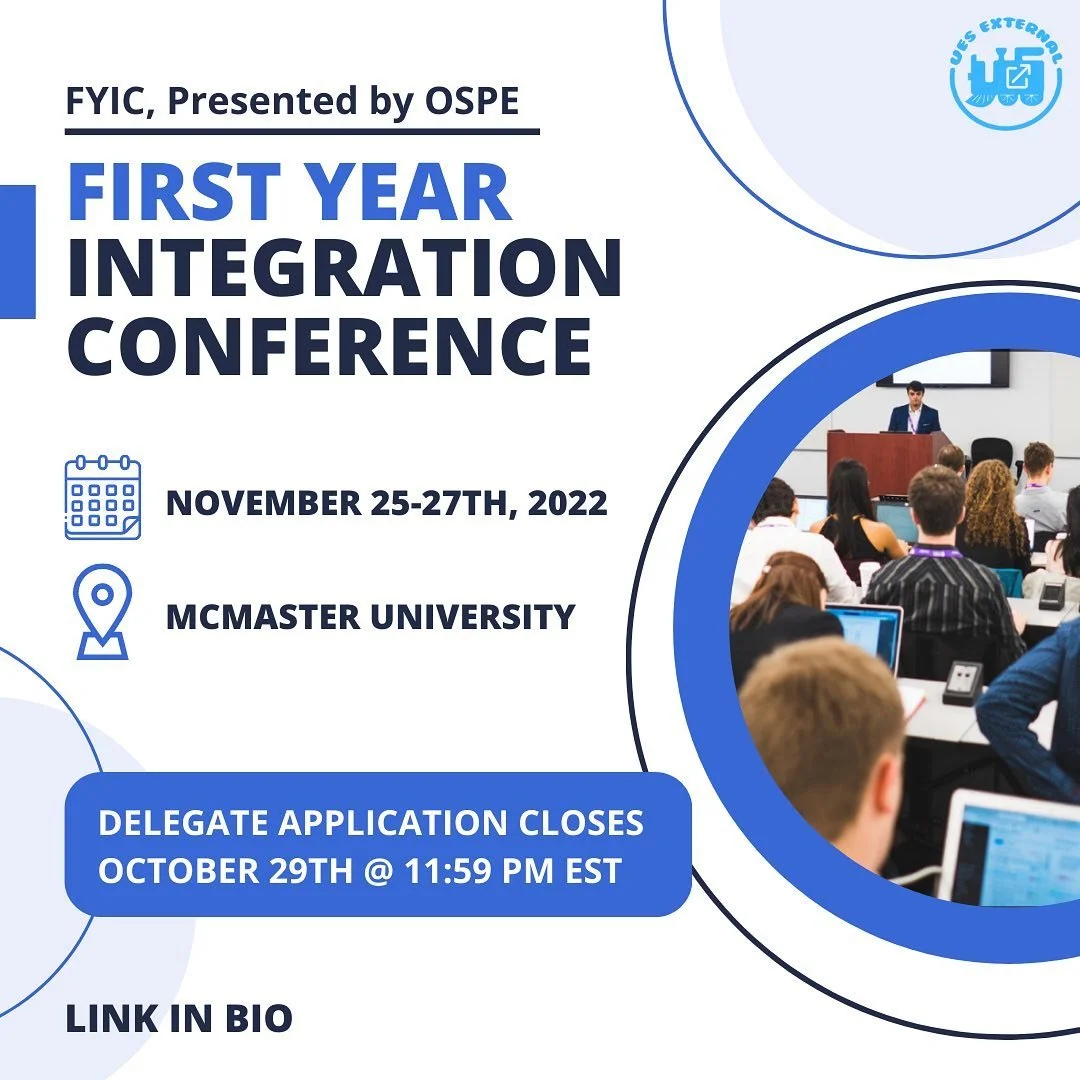 📢 CALLING ALL FIRST YEARS! Delegate applications for FYIC are now open! This year, the conference will be held at McMaster University from November 25-27th, 2022. The First Year Integration Conference (FYIC) focuses on orienting first years into the