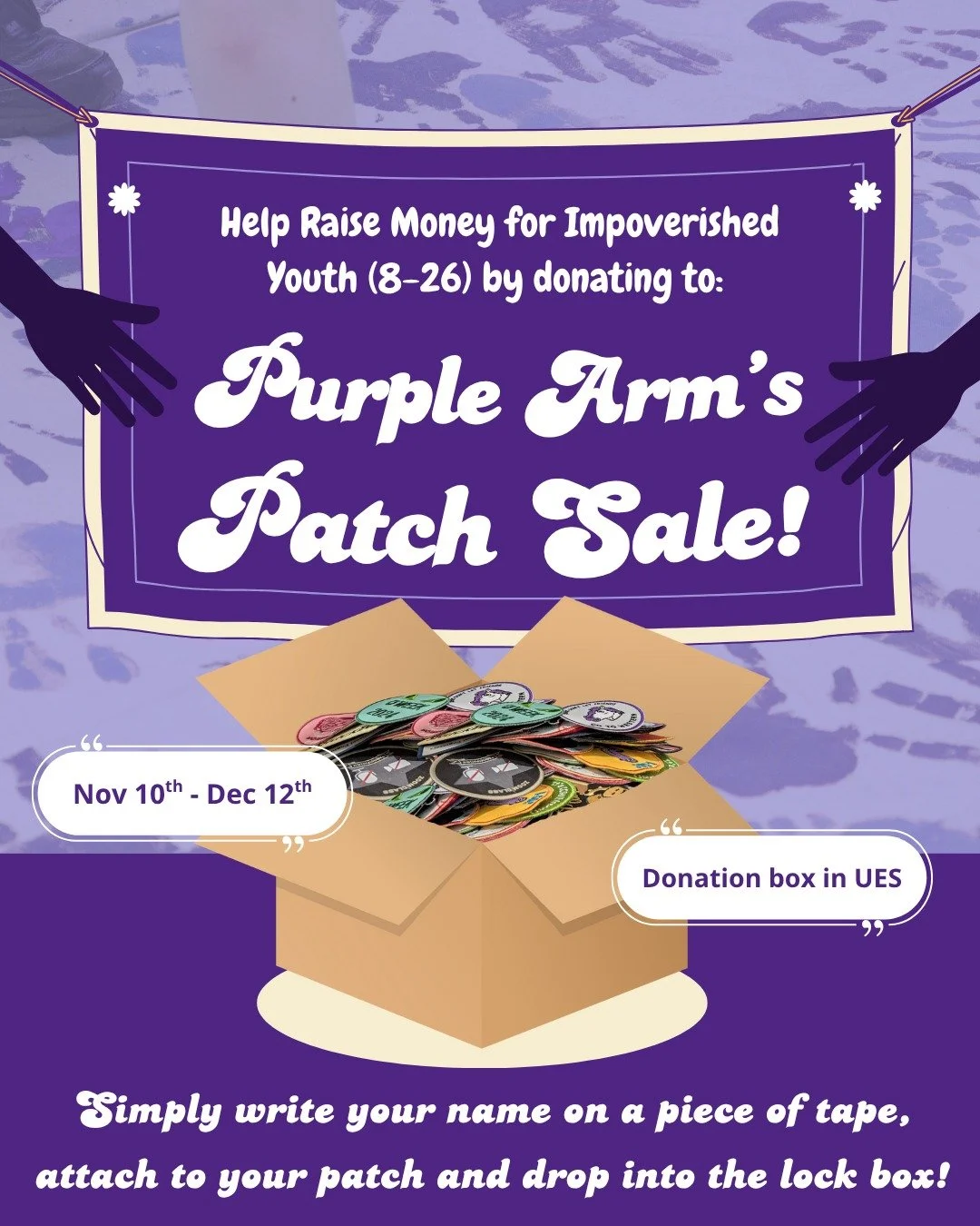We need your PATCH DONATIONS for the Purple Arm Patch Sale! All sales will go towards London Youth Shelter to provide children with more meals and clothing. 
Donations are accepted until December 10th and the sale will start on December 16th! 
We h