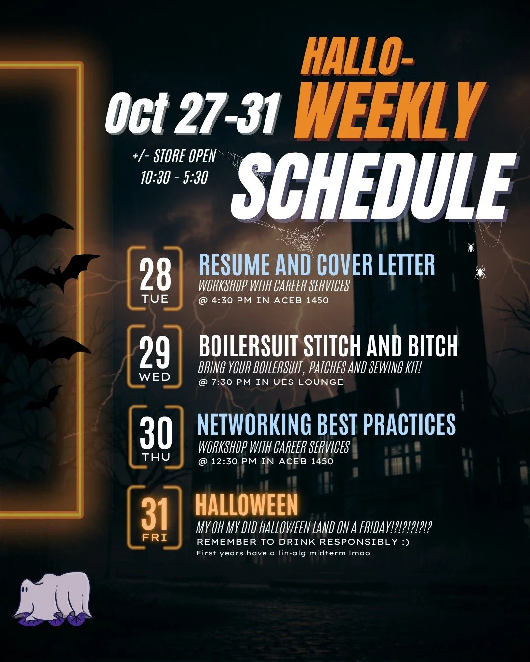 BOO NEW WEEKLY SCHEDULE 👻🎃🍬
first years have a lin alg midterm on halloween bhahahahahahaha 🧙🍲🧹
Good luck everyone on the rest of your midterms, stay safe and stay sane! 🕷️