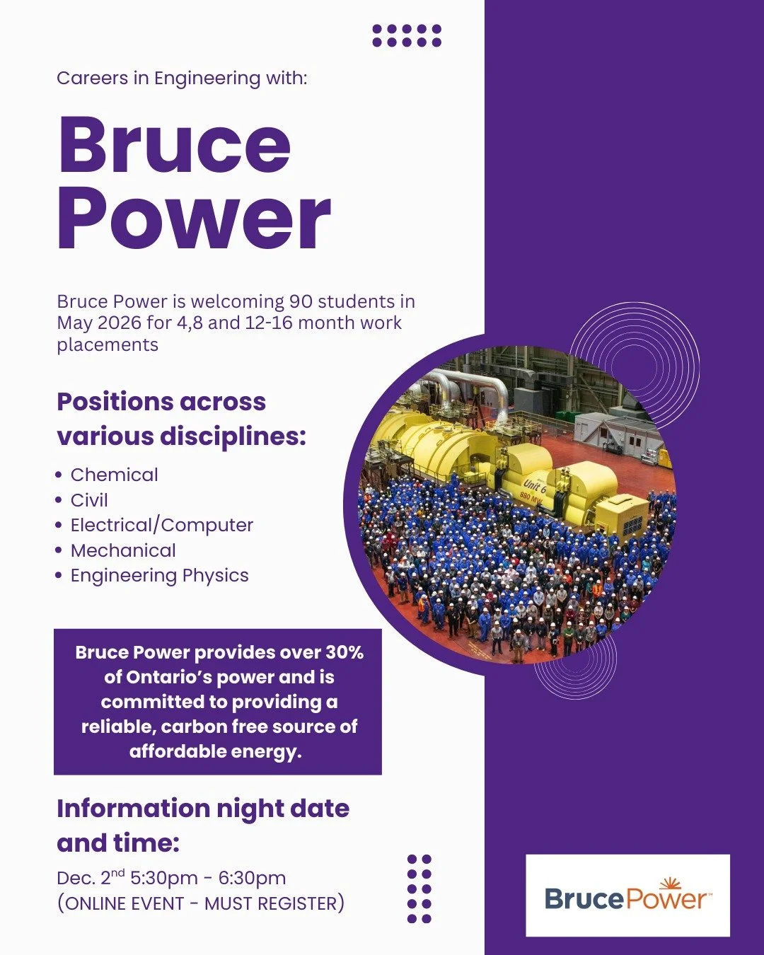 Although there were plenty employment opportunities last night, the one you don't wanna miss is BRUCE POWER ⚡

**REGISTRATION LINK IN OUR BIO**

Bruce Power will welcome over 90 students in May 2026, offering 4-month, 8-month, or 12-16 month work ter