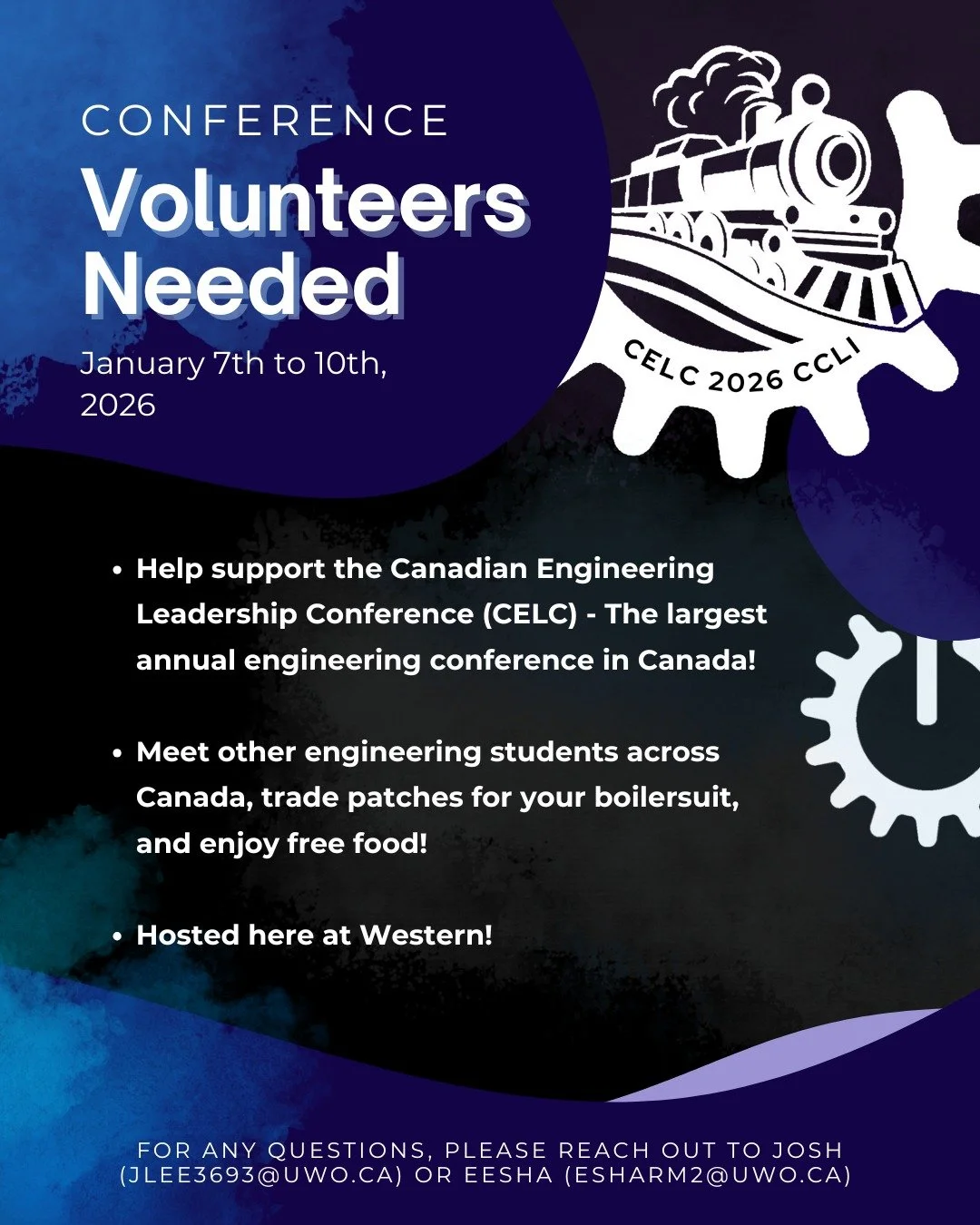 **REGISTRATION LINK IN OUR BIO**

ATTENTION WESTERN STUDENTS 💜

We need YOUR help from any time between Jan 7th to 10th to help out with the Canadian Engineering Leadership Conference (CELC)! 

The Canadian Engineering Leadership Conference is the C