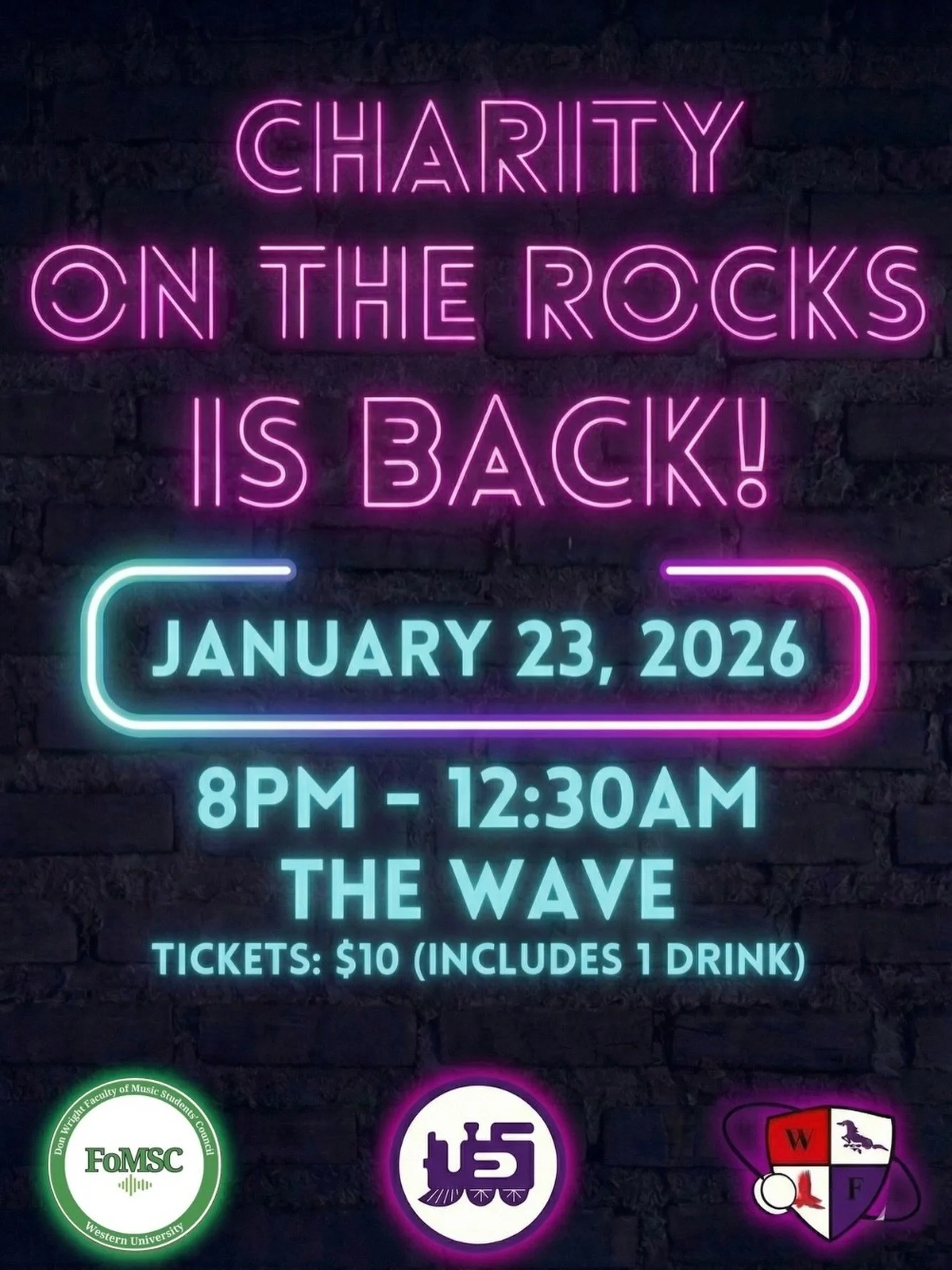 Charity on the Rocks is BACK! 💜🎸

Come out to support a local charity and our own musicians! 🎶 We are kicking off 2026 with a night of live performances, drinks, and good vibes at The Wave.

🎟 TICKETS: $10 (Includes 1 drink per ticket!)
🔗&nbsp;L