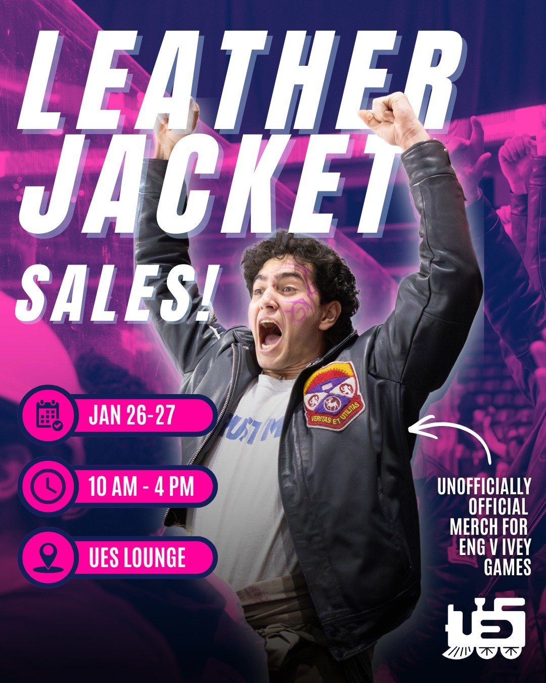 ENGINEERING LEATHER JACKET FITTINGS AND SALES ARE BACK! 

📅 January 26th to 27th
⌛ 10 AM - 4 PM
📍 UES Lounge, SEB 1001

FAQ
Q: I have a defect from my jacket I picked up last week! 
A: Please bring them in next week for Chris, the "Leather Jac