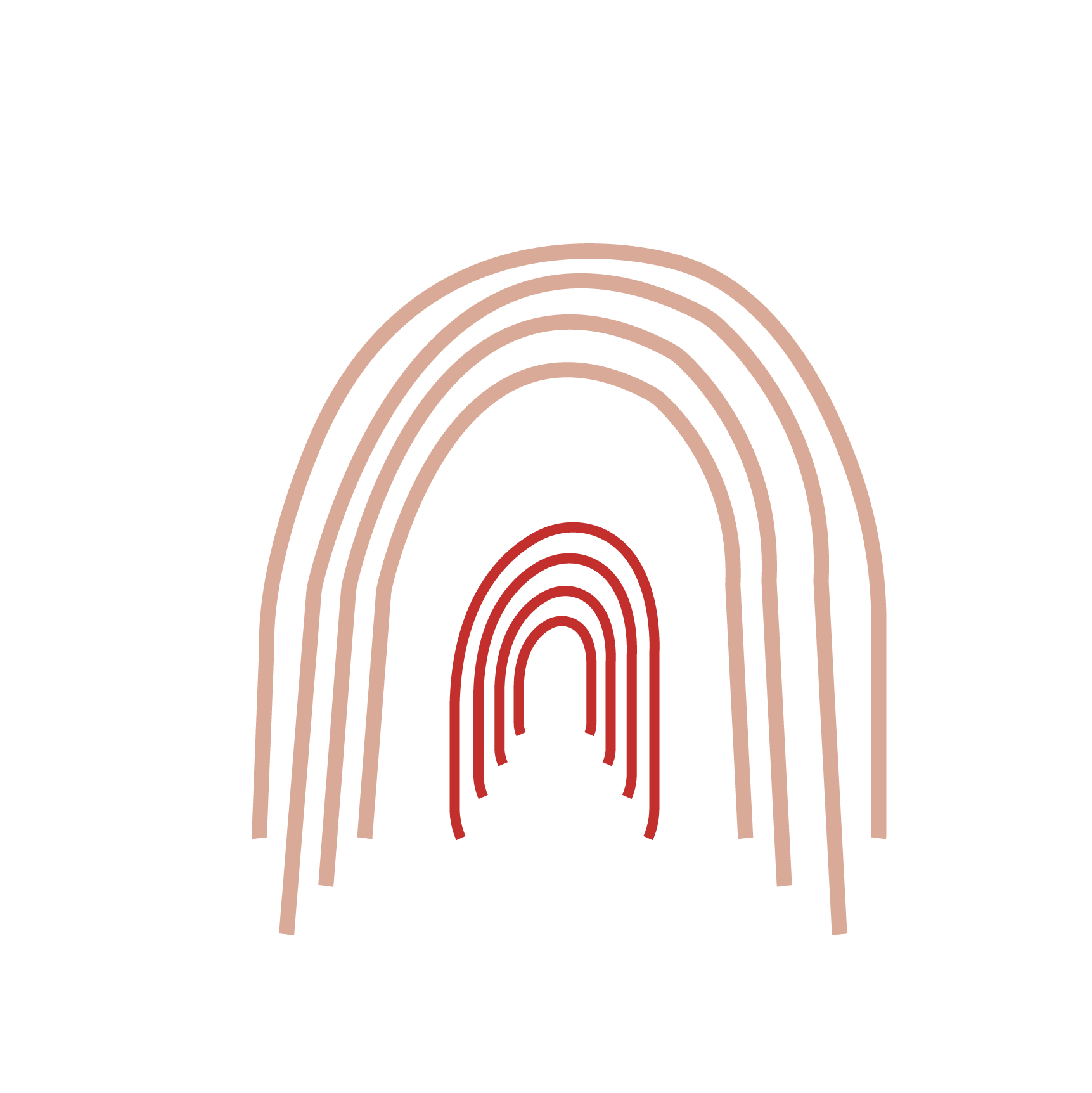 Neon rainbow arch with red, pink, and beige lines on a black background.