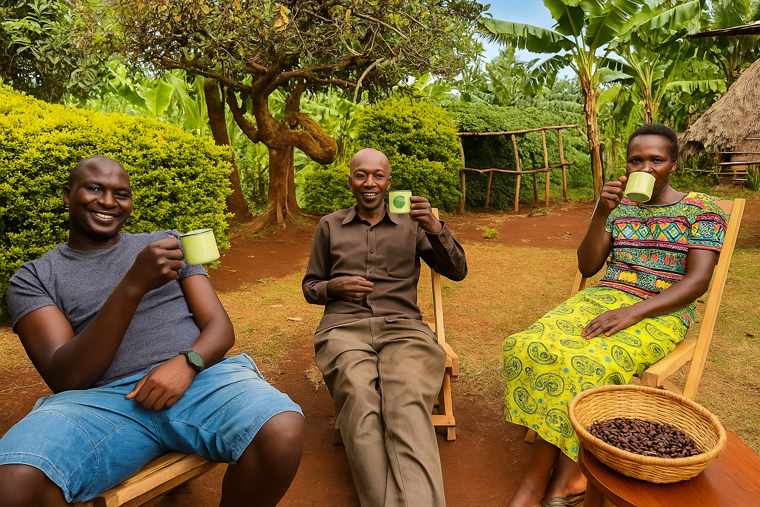 Three African adults sitting outdoors, smiling and holding mugs of coffee or tea, with a basket of coffee beans nearby, in a lush garden setting.
