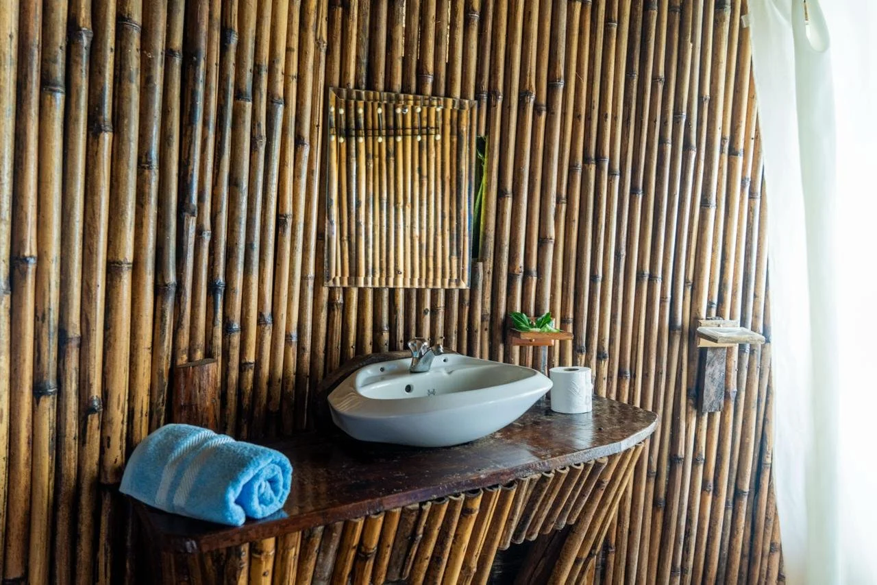 Bathroom with bamboo wall, white sink, mirror, small wooden shelf with green plant, roll of paper towels, and rolled blue towel on dark wooden counter, with white curtain on the right.