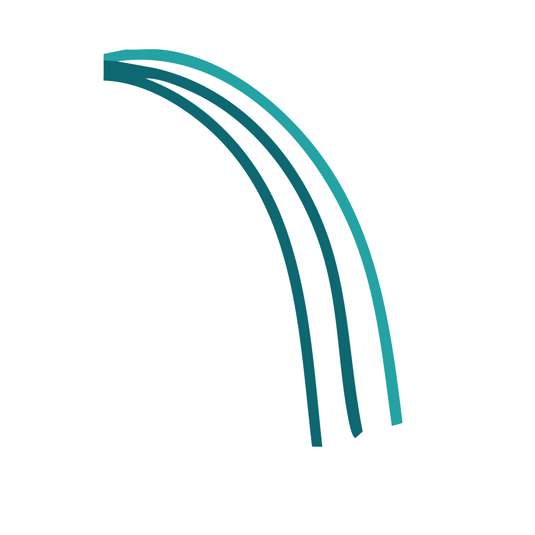 Three stylized rainbow curves in shades of teal and blue on a black background.