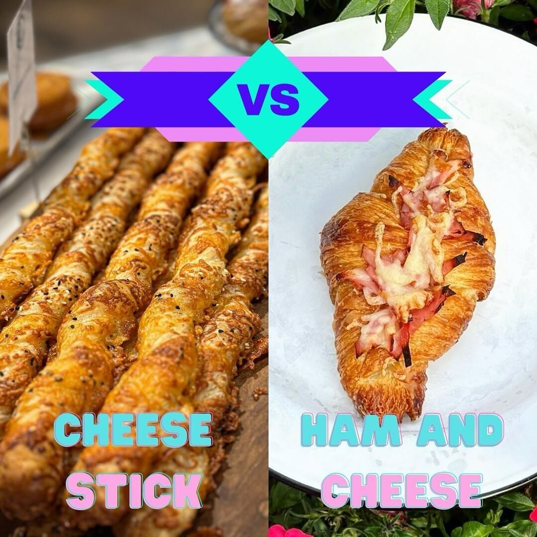 Two cheesy glorious pastries are head to head today: cheese stick be hand and cheese croissant! This is a relatively never version of the ham and cheese, featuring a mustard mornay sauce! Which one is your fave? Head to our stories to vote!