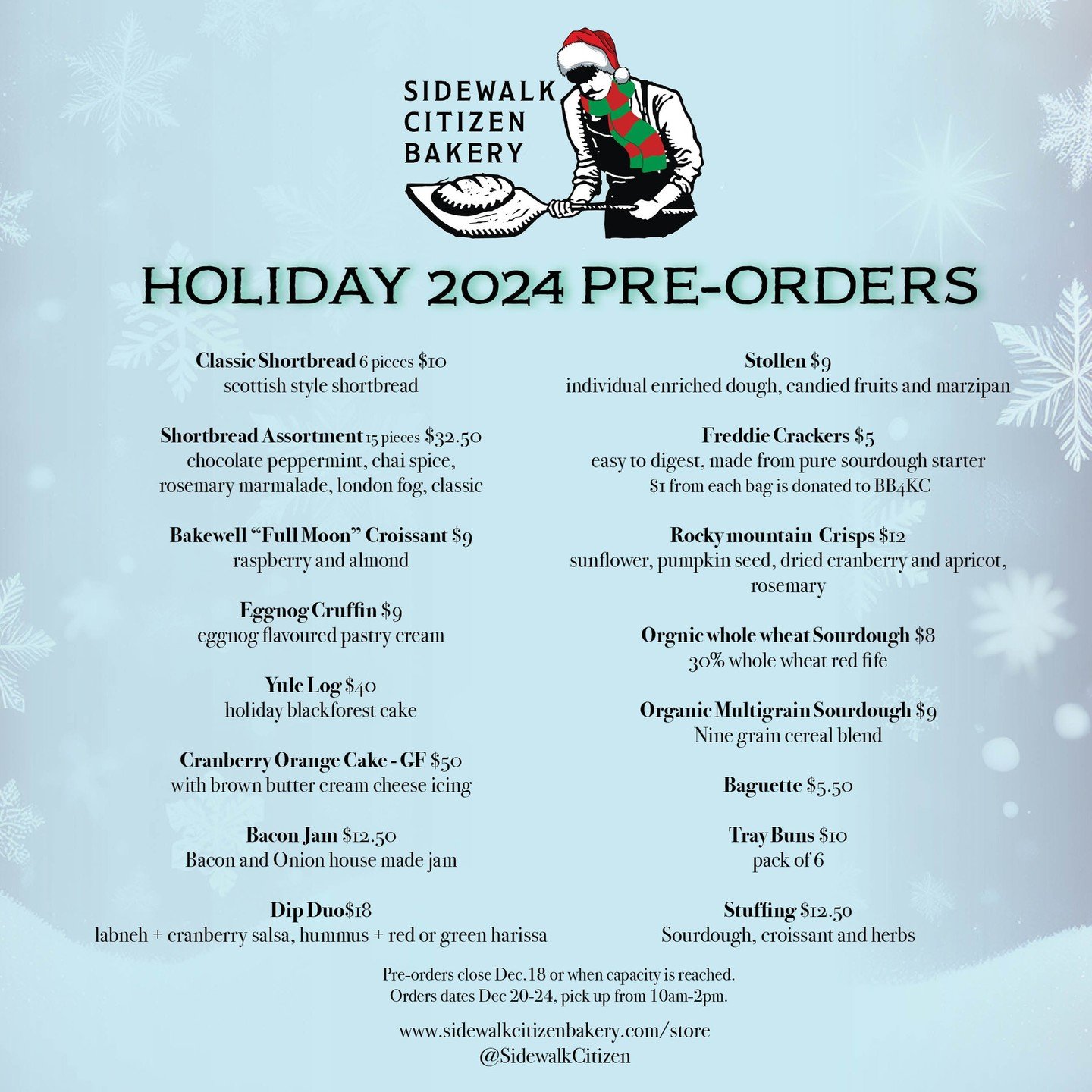 Pre-Orders are officially live and this year we have added TWO extra days of pick up! Head to the link in our bio or sidewalkcitizenbakery.com/store to get in the festive spirit!
.
.
.
.
#yyc #yyceats #yycnow #yycbuzz #holidaybaking #calgarybakery #y