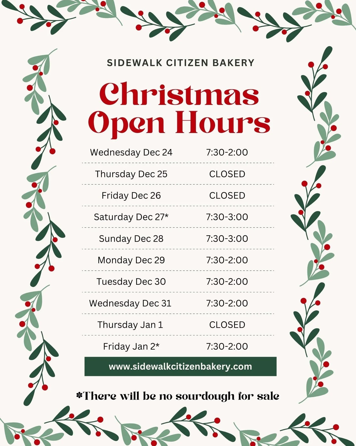 Holiday Hours!
Please note, we will not have sourdough for sale Dec 27 or Jan 2 as we give our bread team some well deserved rest.