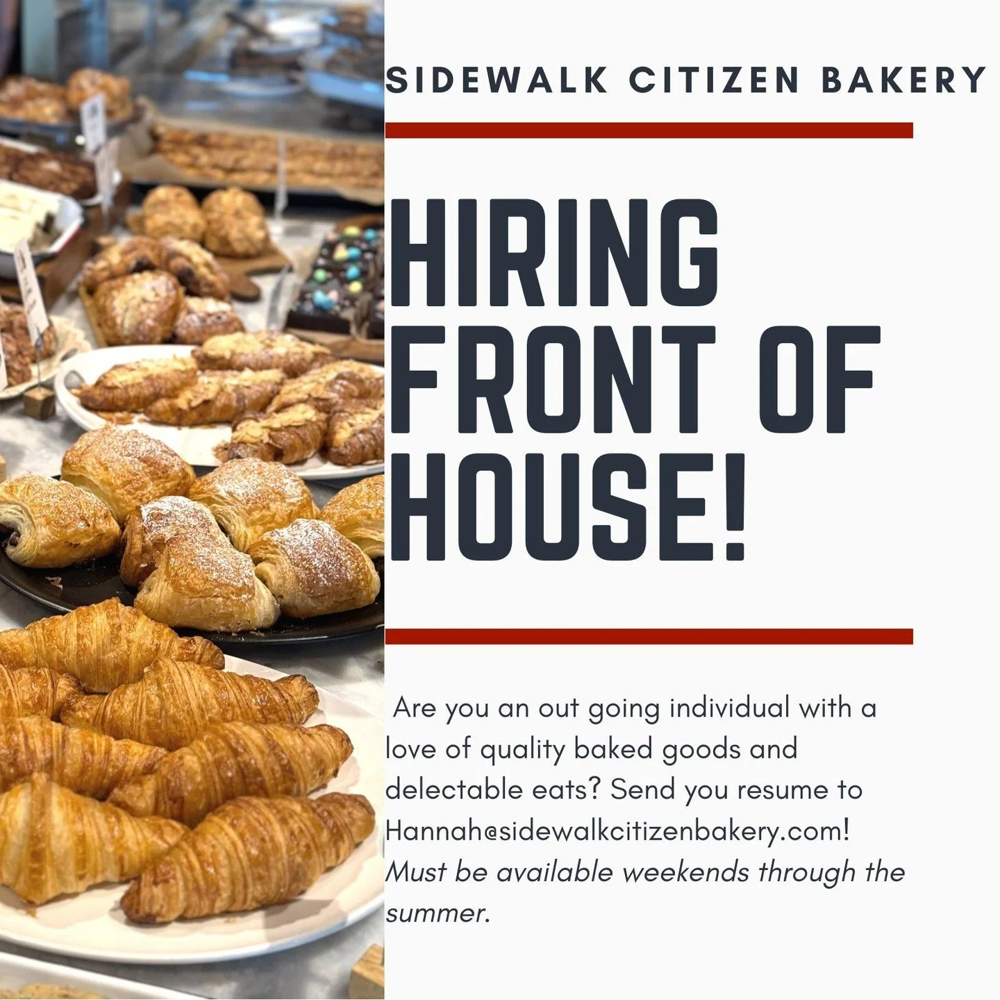 We're looking for a lovely human to join our front of house team part time as a weekend floor leader! If you love good food, amazing people, and giving an amazing customer experience, this is the job for you. Send your resume to Hannah@sidewalkcitize