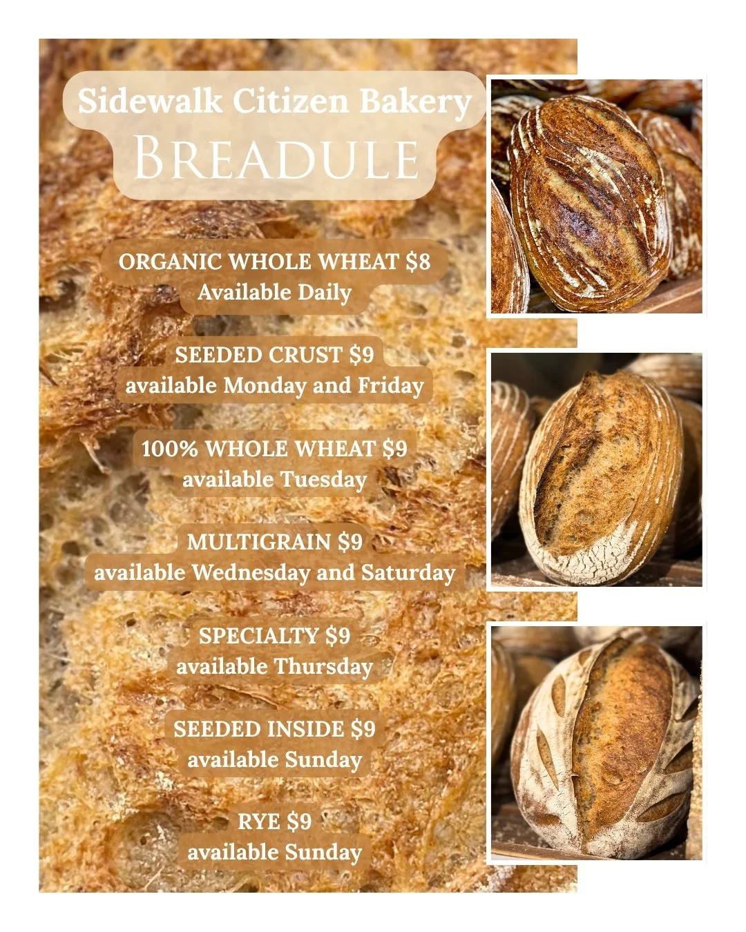 Hello friends! We have an updated breadule for our citizens that brings an exciting announcement: Rye is Back! Our Sourdough Rye will be available Sundays through the winter. Our fabulous Heavy Scandinavian Rye will be back (hopefully) the first Frid