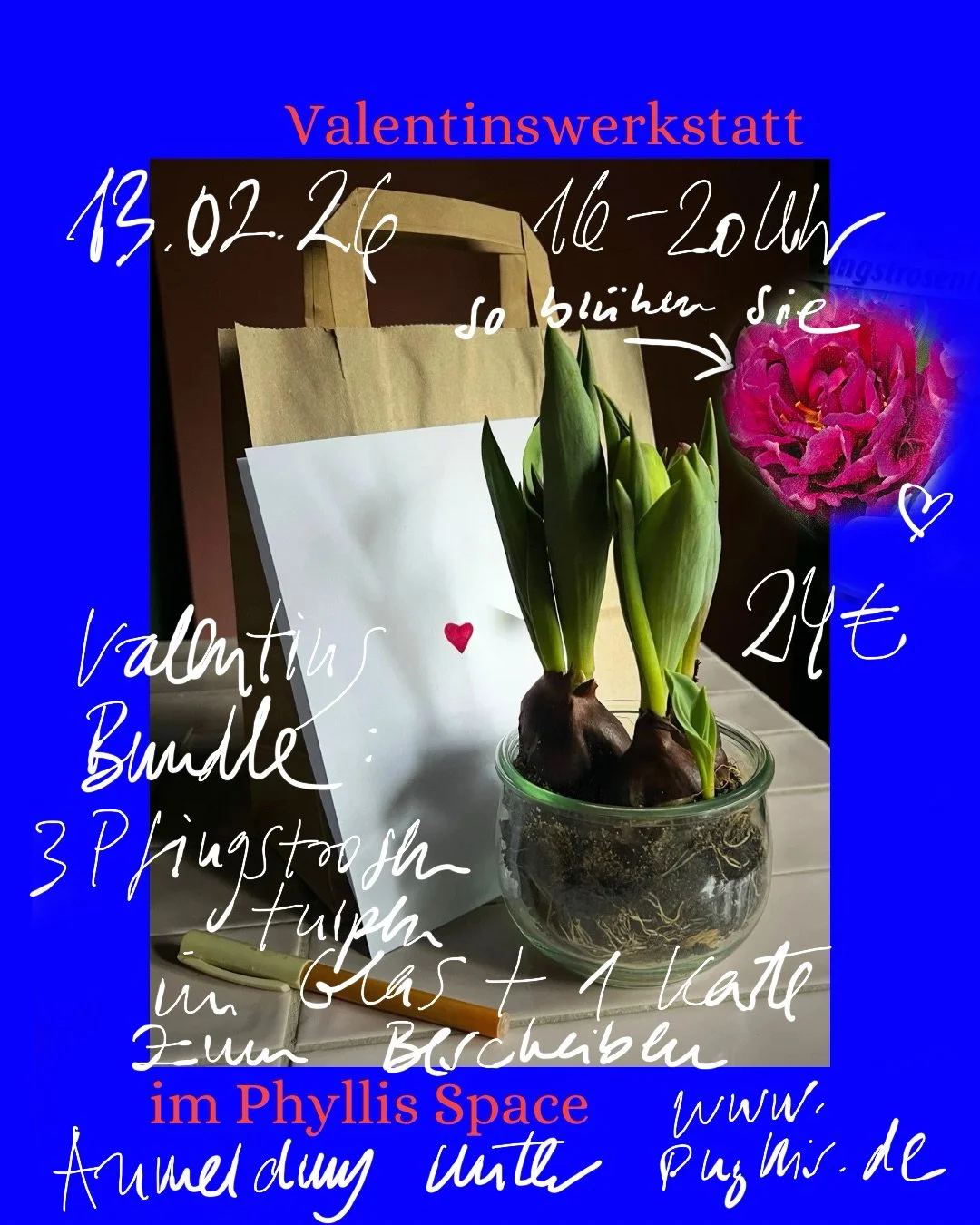 Valentinsspecial - Tulpenzwiebeln im Vintage Glas, auf dem Weg zur Blüte. Mit DIN-A5 Karte zum beschreiben.