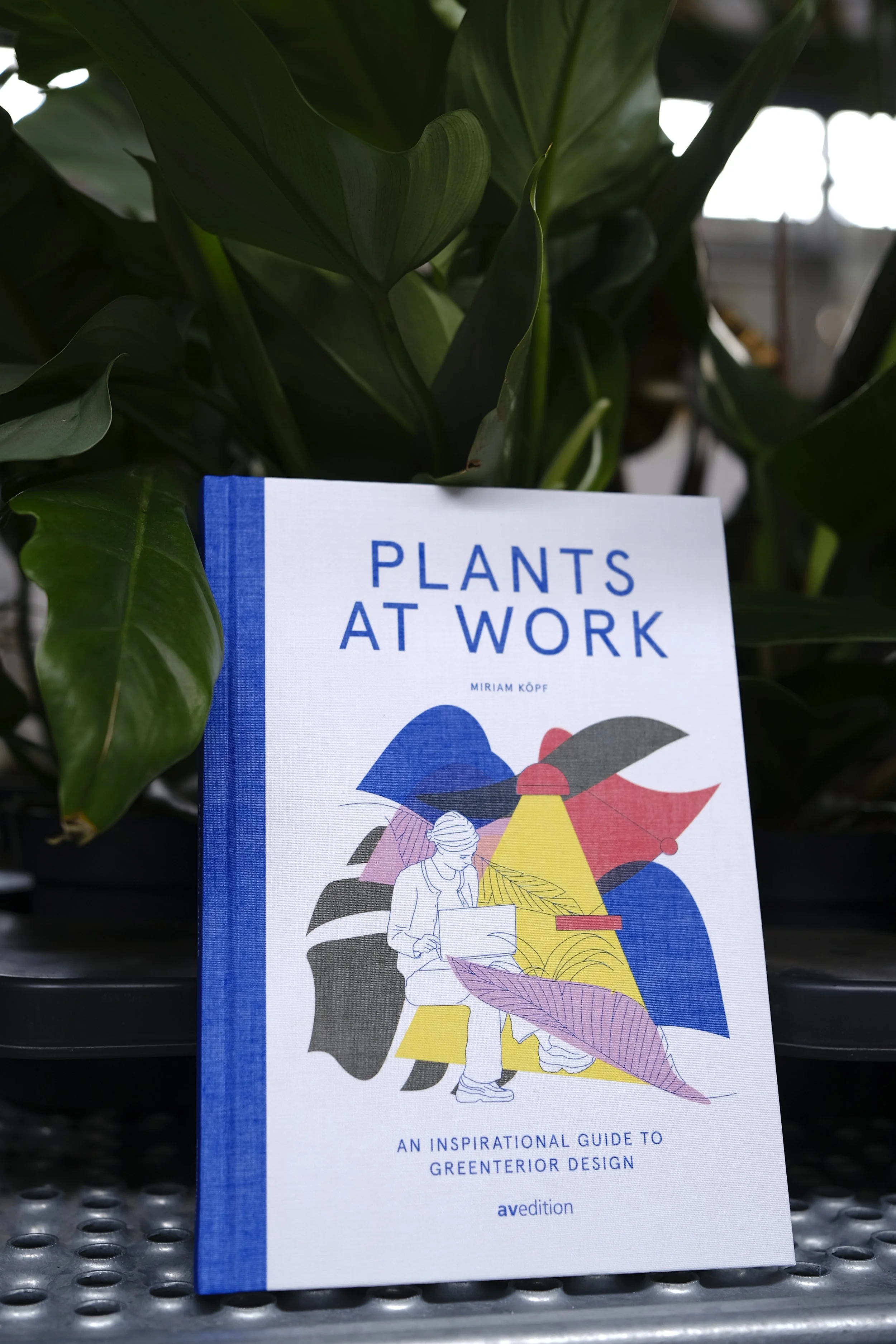 Buch mit dem Titel "Plants at Work" von Miriam Köpf, das auf einer Pflanzenbank liegt, im Hintergrund grüne Pflanzen.
