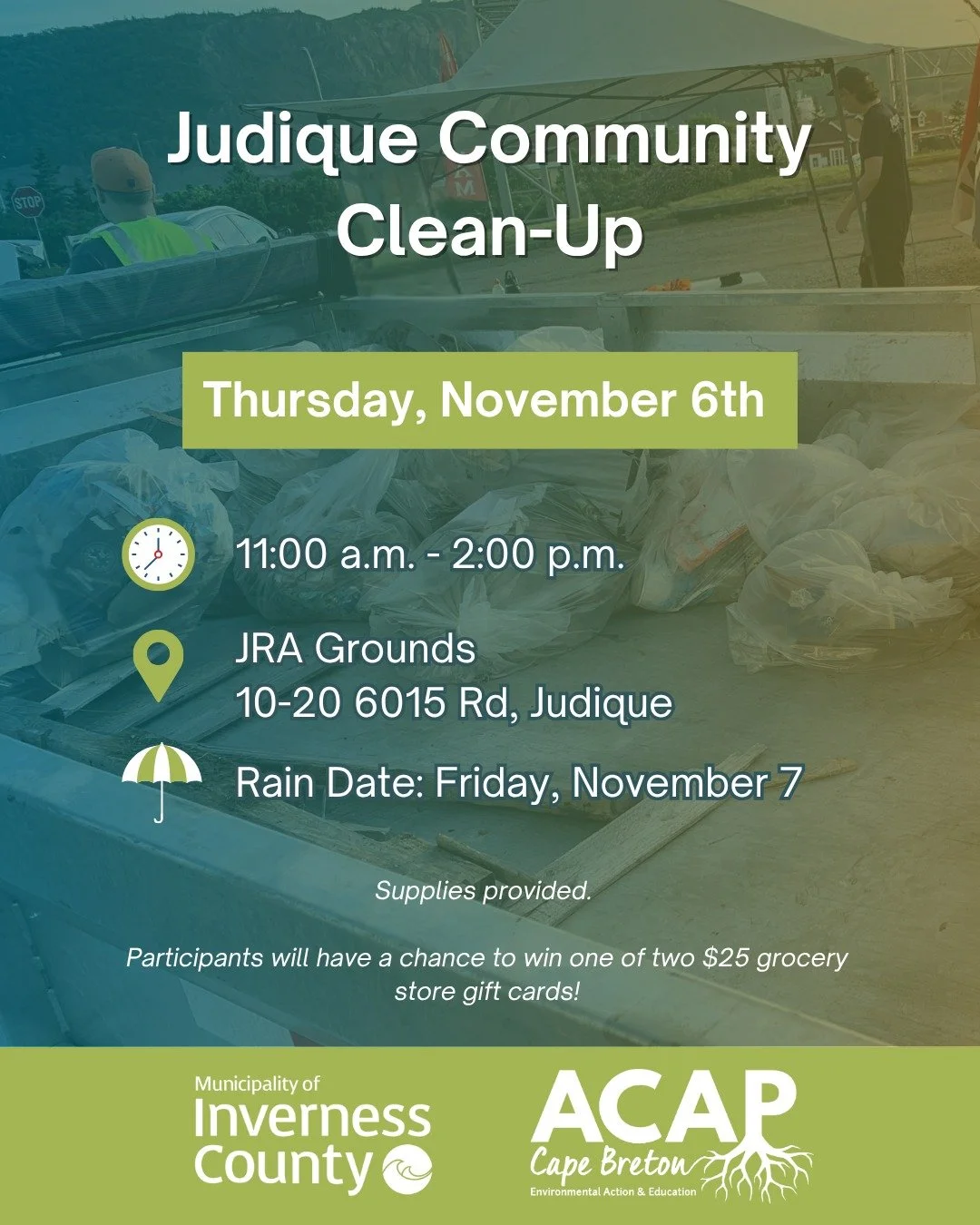 ACAP Cape Breton and the Municipality of the County of Inverness  have planned a community clean-up for November 6th!

On Thursday, November 6th, from 11:00am to 2:00 pm, we will be at the JRA Grounds in Judique (10-20 6015 Rd). 

☔In case of incleme