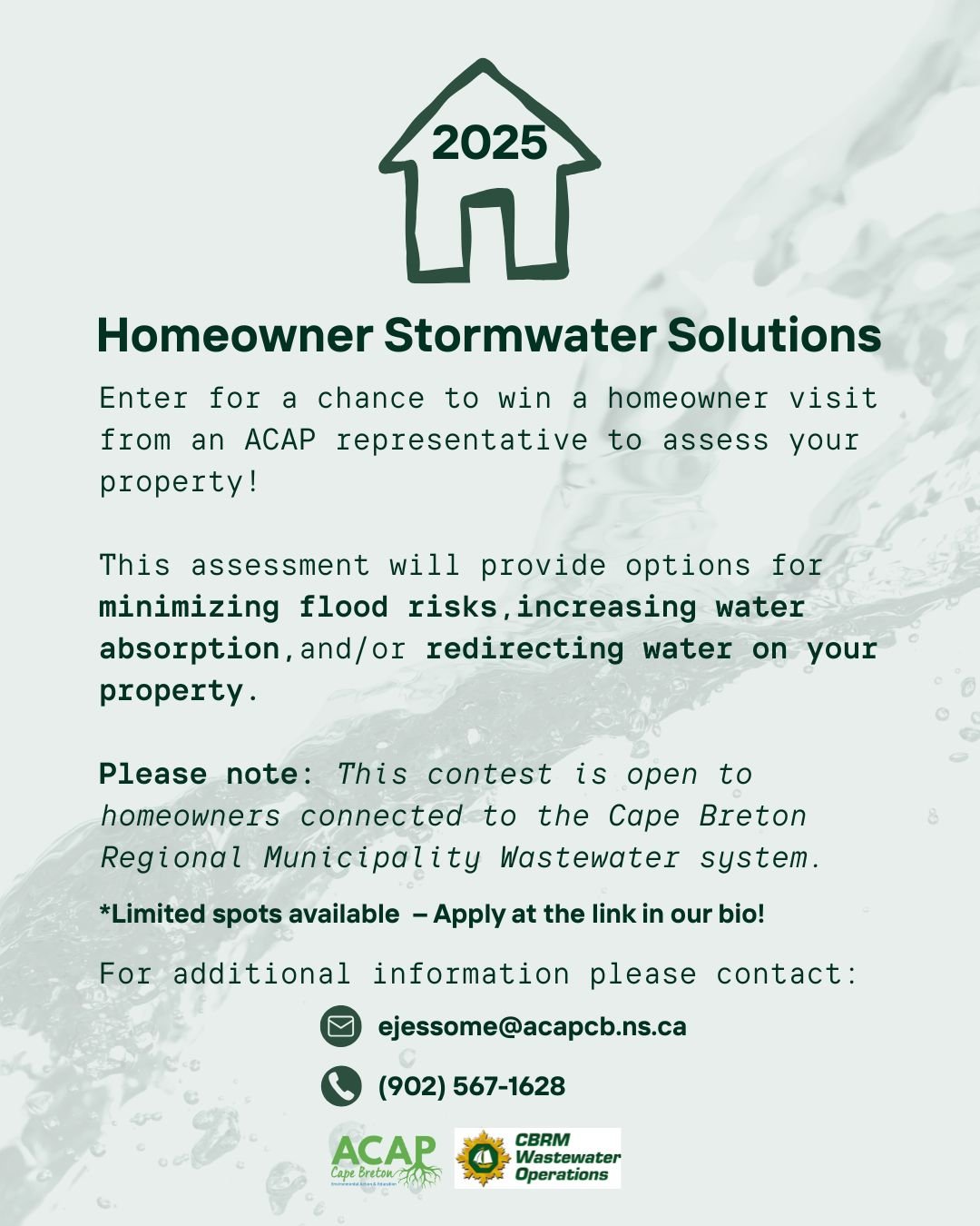 Are you connected to the CBRM wastewater system and experiencing flooding? If so, enter for a chance to win a homeowner visit from an ACAP representative to assess your property! 🔎

This assessment will provide options for:

☑️ minimizing flood risk