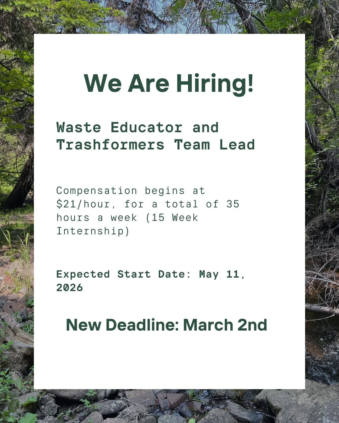 The deadline to apply for the Waste Educator and Trashformers Team Lead position has been extended! 

Job title: Waste Educator &amp; Trashformers Team Lead
Job location: 90 Esplanade, Sydney, NS B1P 6G9
Wage: $21.00 / hour
Hours: 35 hours per week (