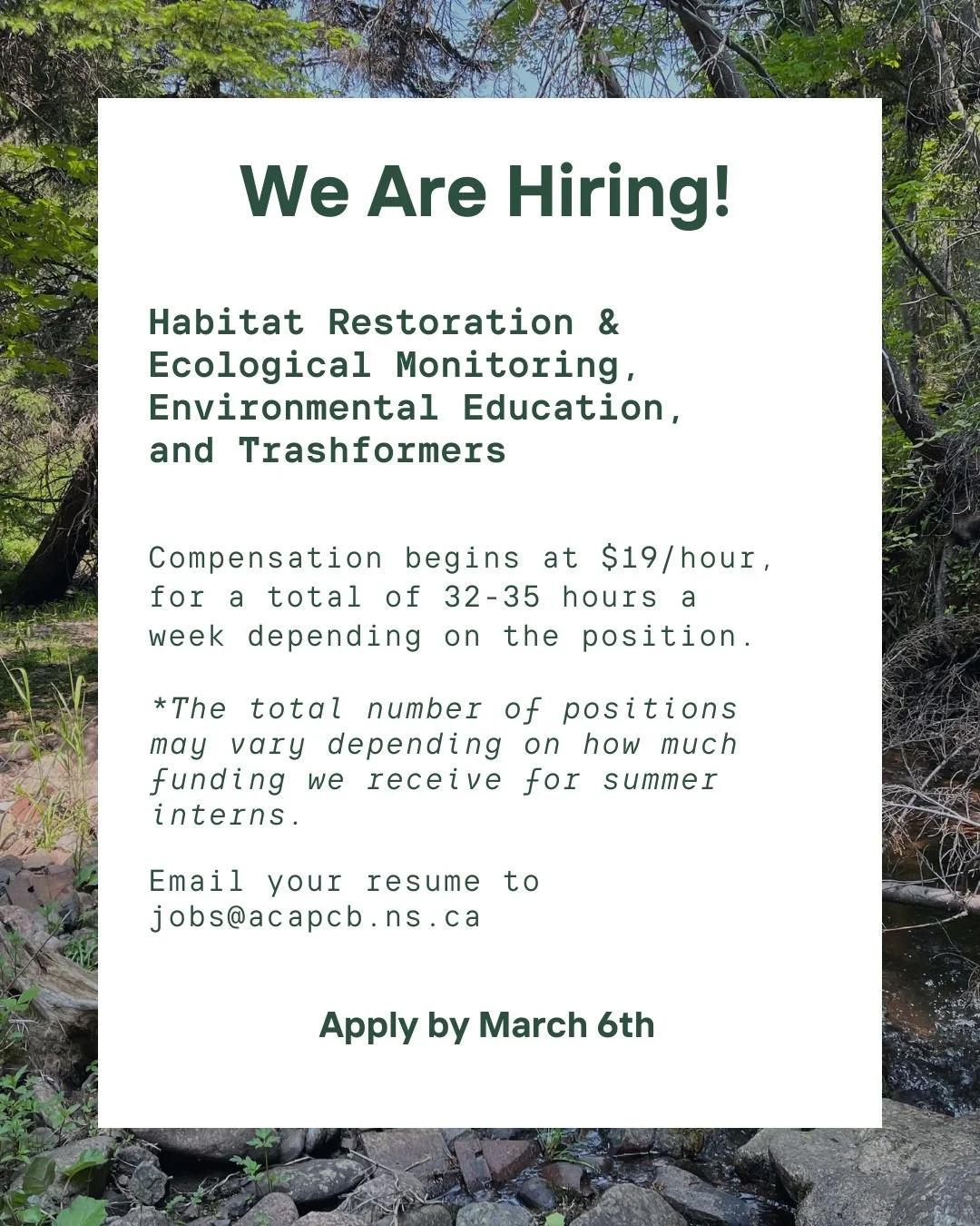 Join ACAP Cape Breton&rsquo;s summer crew! 🌿💧

We have three types of positions available:

1️⃣ Trashformers Community Clean Up Crew, based in the Cape Breton Regional Municipality;

2️⃣ Environmental Education &amp; Outreach,  based in Cape Breton