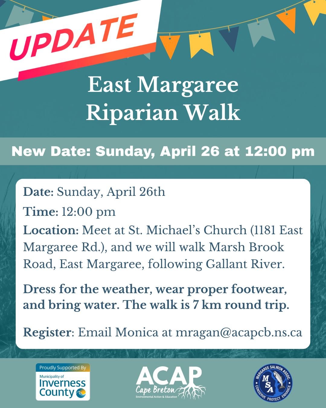 ⚠️ Due to the predicted forecast, we are moving the walk to Sunday, April 26, at 12:00 pm.

📍Meet at St. Michael&rsquo;s Church (1181 East Margaree Rd.), and we will walk along Marsh Brook Road in East Margaree, following the Gallant River.

🥾 Dres