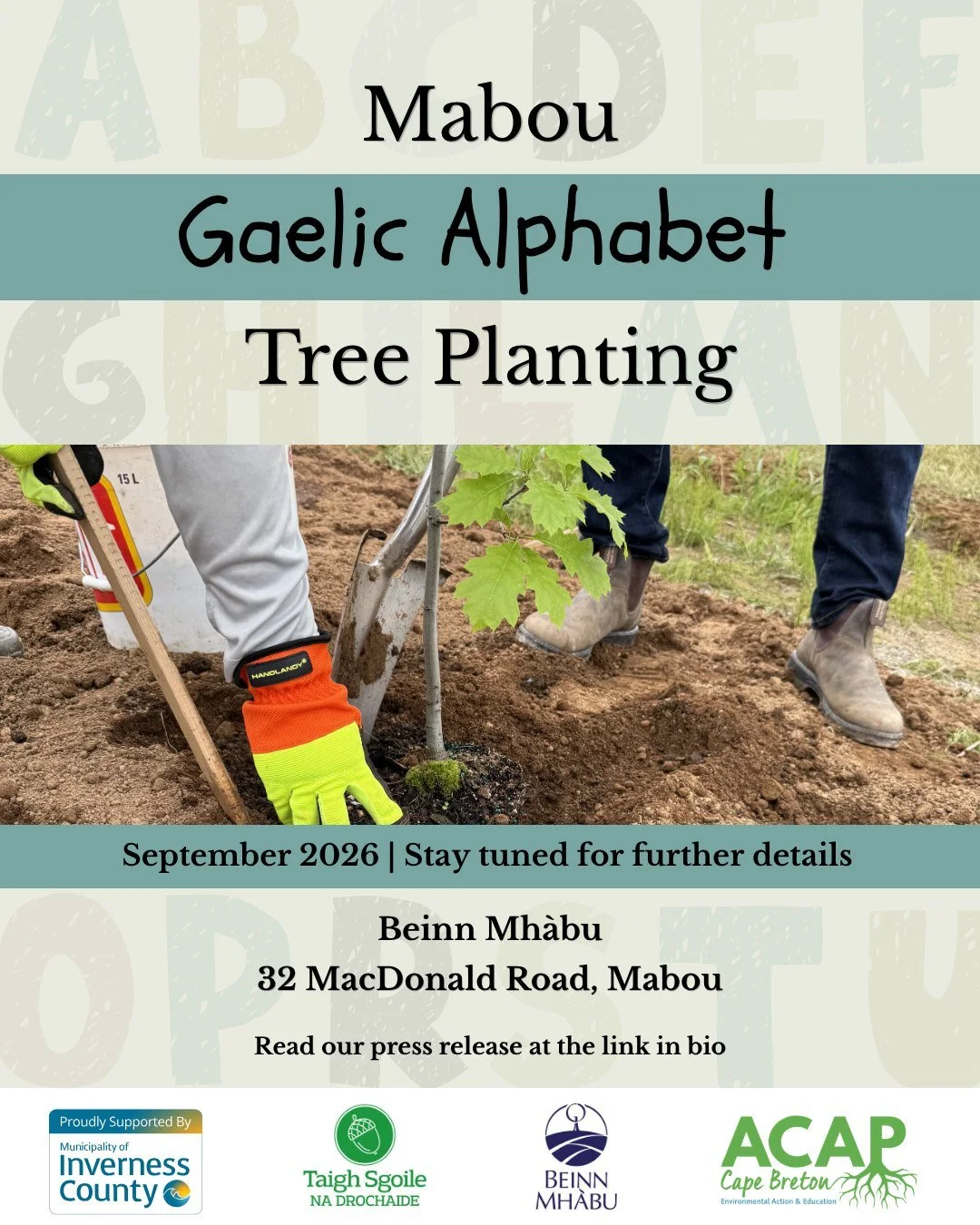 To wrap up Earth Month, we have an exciting announcement! 

ACAP Cape Breton, Beinn Mh&agrave;bu, Taighe Sgoile na Drochaide, and the Municipality of Inverness County will partner on a special tree-planting initiative. 🤝

This project will plant a v