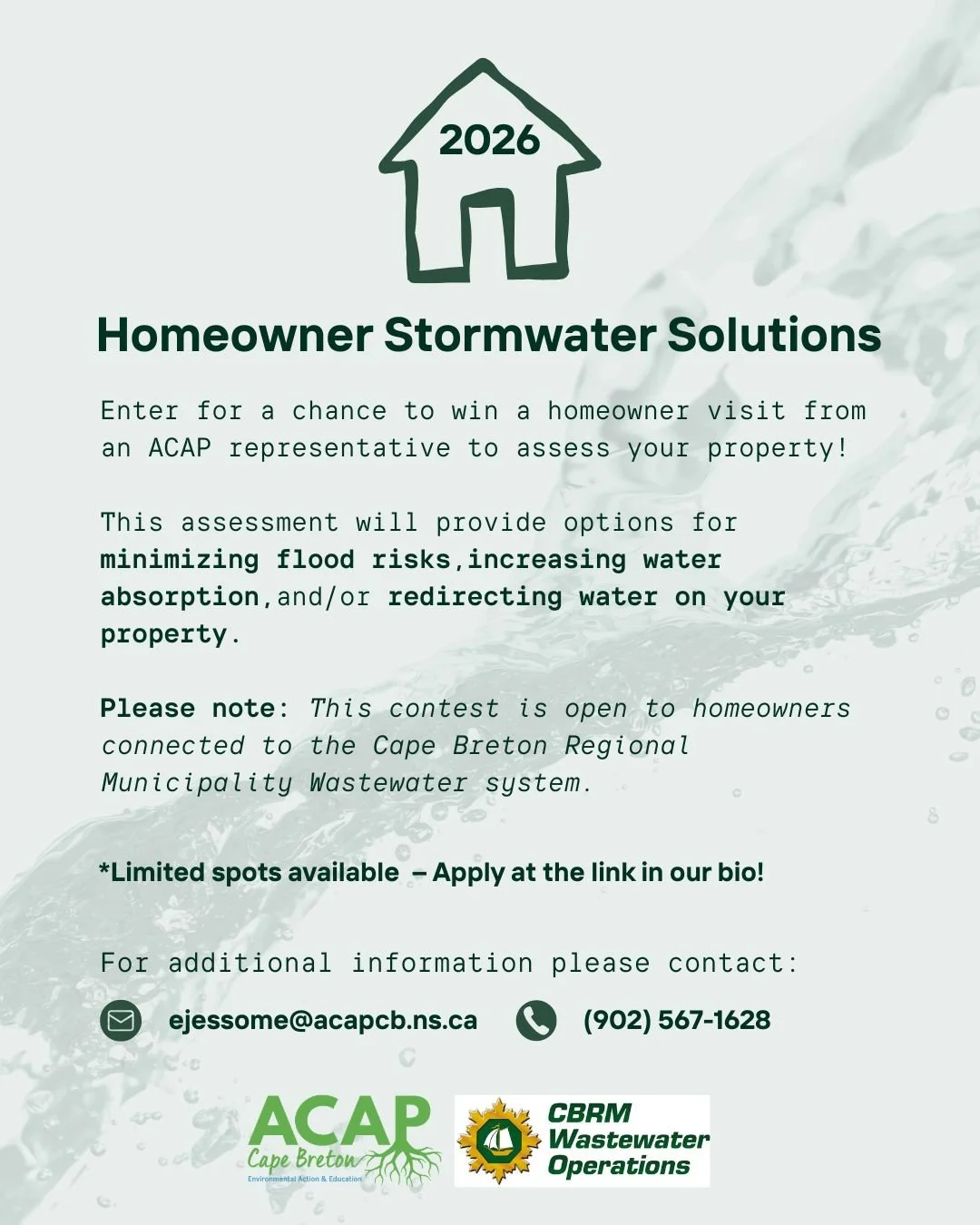 Are you connected to the CBRM wastewater system and experiencing flooding? If so, enter for a chance to win a homeowner visit from an ACAP representative to assess your property! 🔎

This assessment will provide options for:

☑️ minimizing flood risk